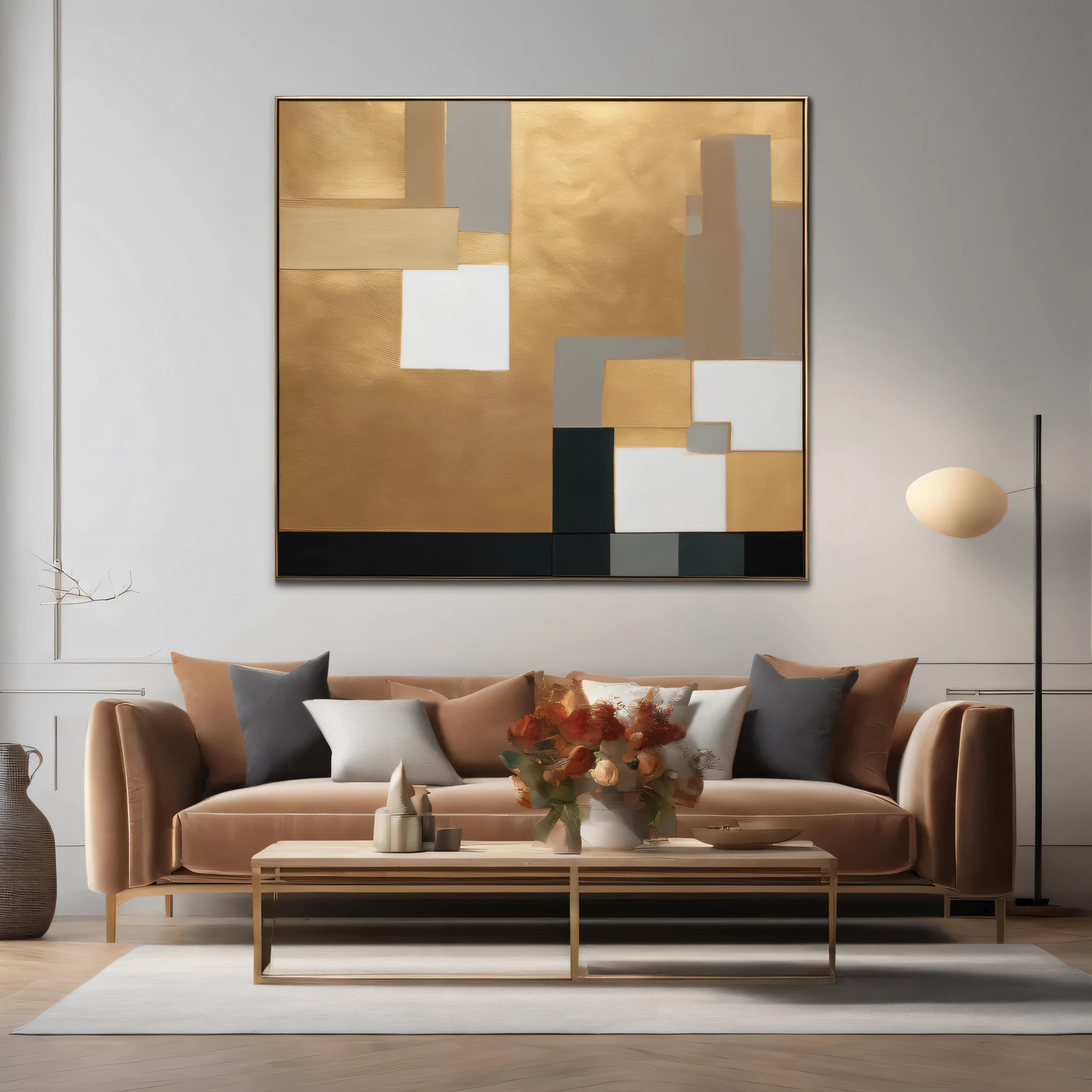 Close-up of sofa with pillows and table with vase, modern art style, gold leaf painting, abstract简约, gold leaf art, abstract几何艺术, canvas art print, abstract简约艺术, canvas art, abstract简约, abstract油画, abstract, pop art, 几何abstract, medieval art