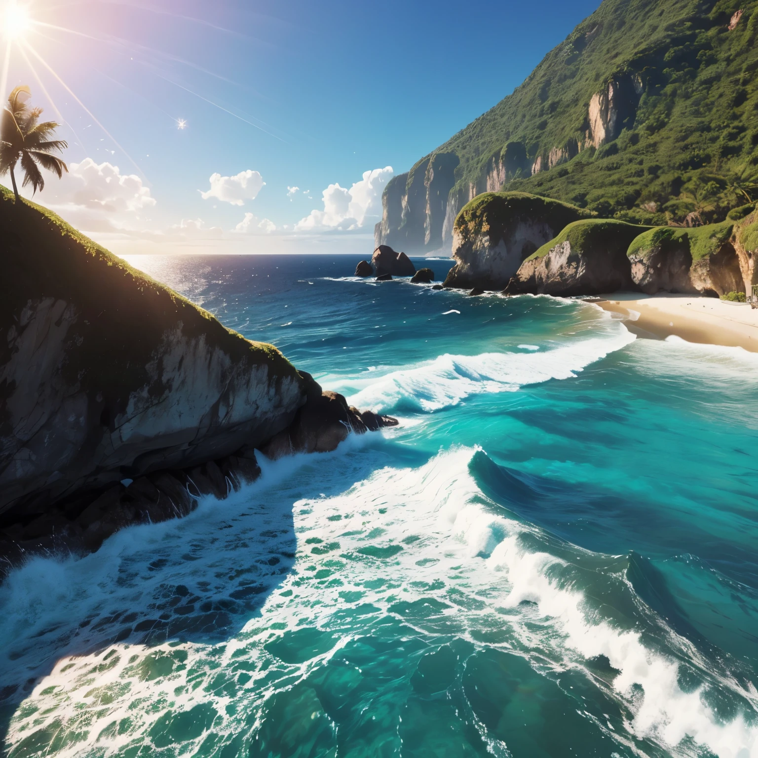 Pixar style minimalist vector of beautiful island sunrise, A secluded beach with small waves gently crashing against the beach, Open view of the calm emerald sea, The sun breaks the horizon、Rainbow rays gently piercing the sky