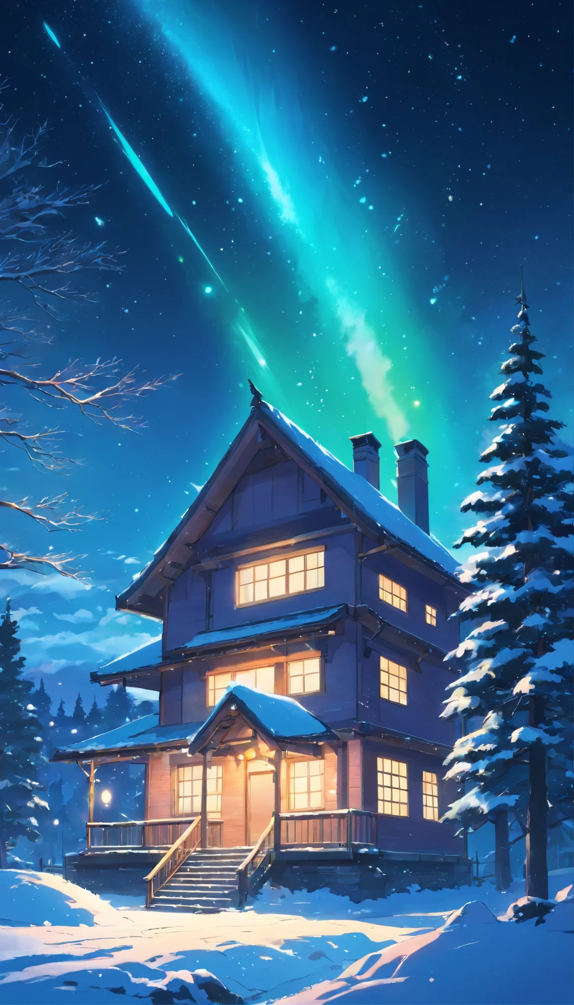 A house from a distance, Covered in snow, night, cyan aurora, shiny stars, shiny moon