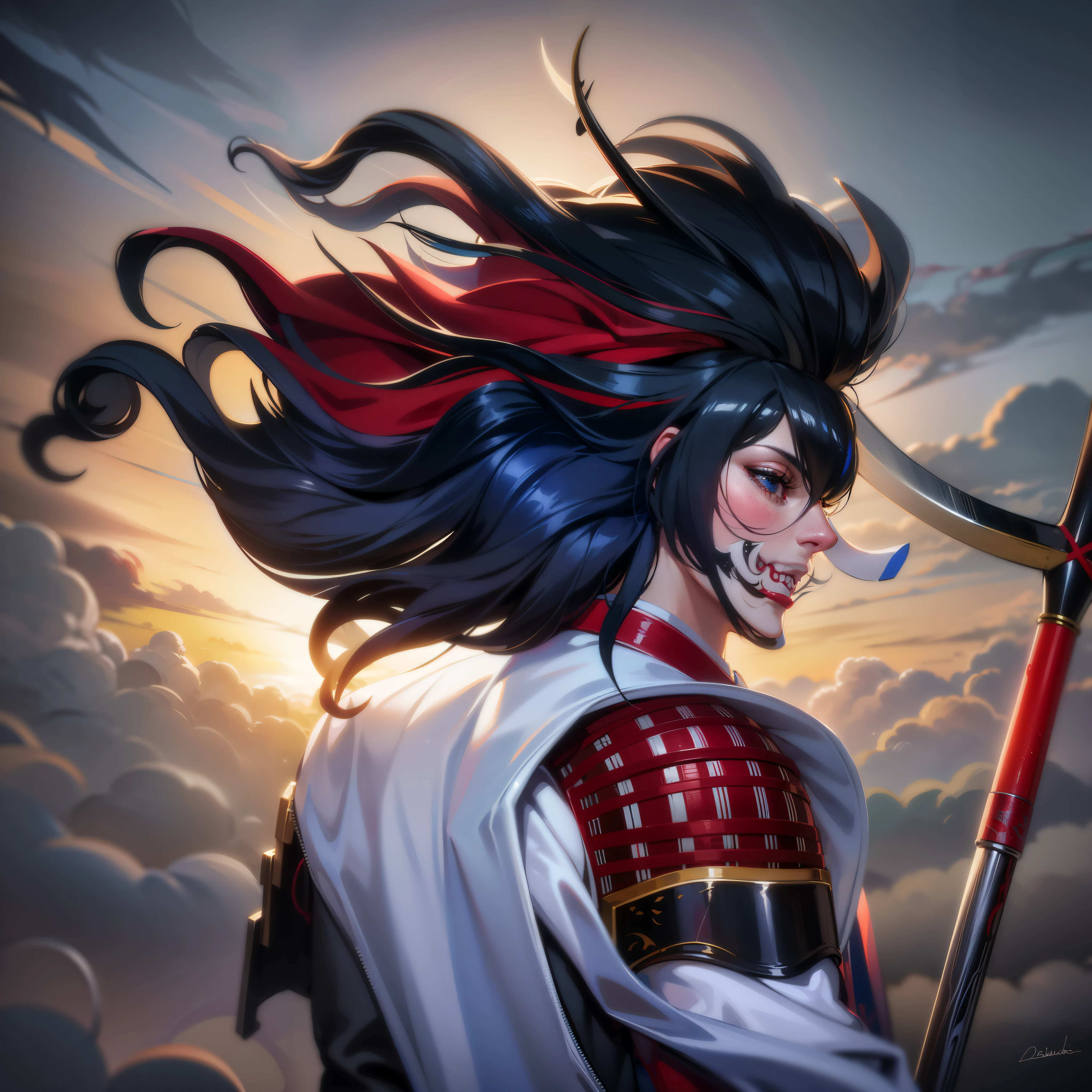 anime character with a red mask and a red cape holding a scythe, villain wearing a red oni mask, onmyoji portrait, onmyoji detailed art, demon samurai, samurai with demon mask, the red ninja, demon samurai warrior, onmyoji, inspired by Tōshūsai Sharaku, inspired by Ryūkōsai Jokei