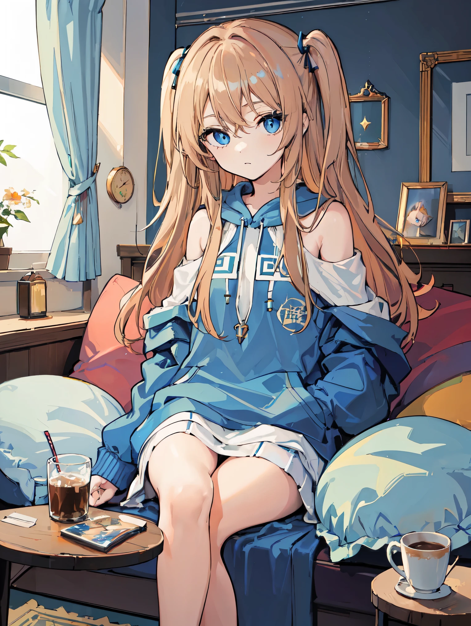 ((top quality, masterpiece, detailed eyes)), one girl, light chestnut hair, long hair in two-side up, blue eyes, , short, narrow shoulders, long blue hoodie, college student, small living room, relaxing drinking cocoa, room with cute pop cushions and curtains