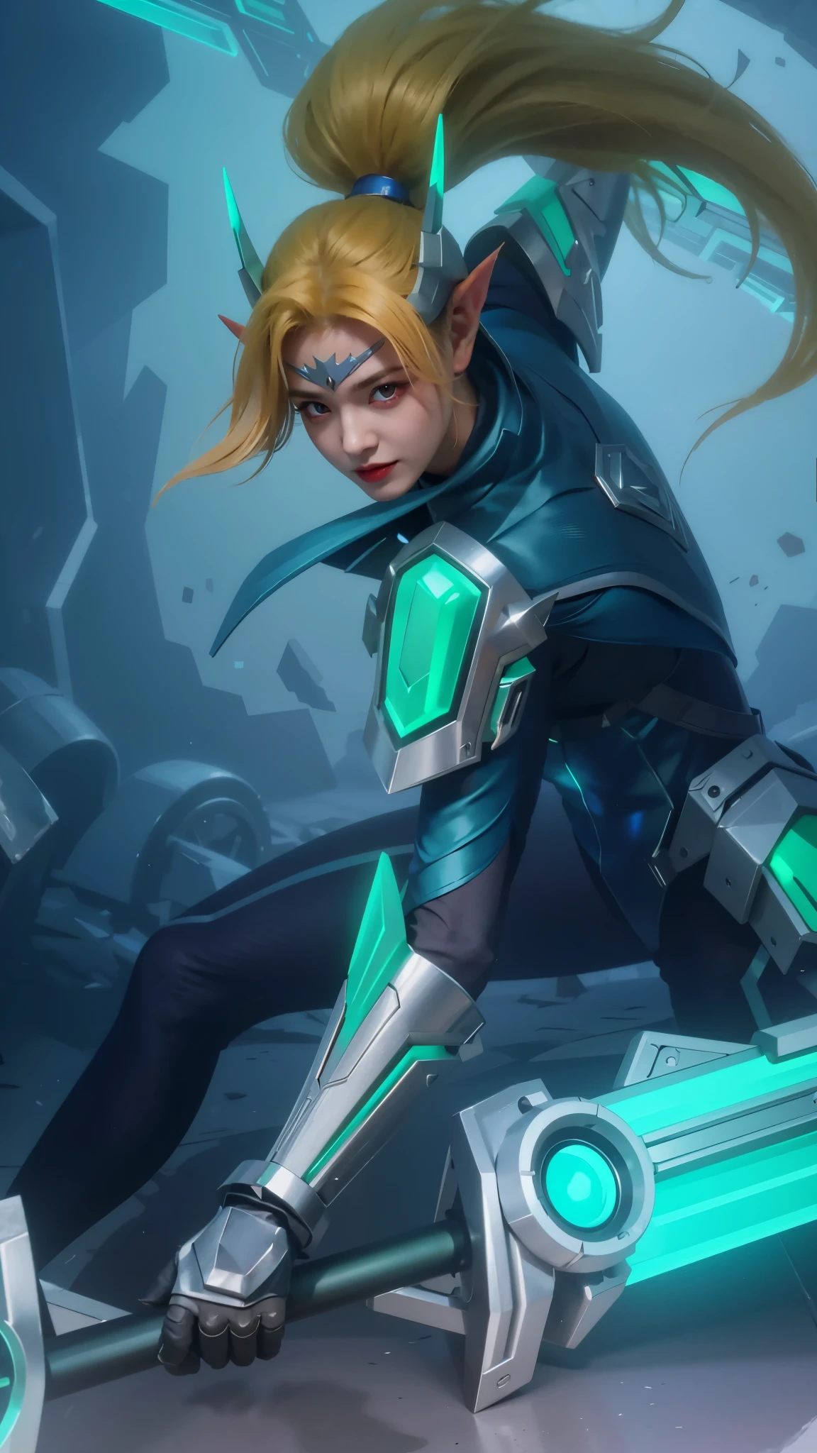 (female:1.2), 8k, ultra hd, ultra detailed texture, hyper realistic, masterpiece, detailed texture, detailed face, detailed skin, detailed lighting, (photorealistic:1.5), best quality, beautiful lighting, cinematic lighting, professional lighting, ultra highres, realistic, detailed hair, real hair, high quality, (realskin:1.5), extremely detailed, finely detail, ultra-detailed, 1girl, solo, elf, pointy ears, standing, demon horns, forehead protector, (red eyes:1.5), v-shapped eyebrow, lips, red lips, evil smile, nose, make up, pretty, beautiful, cute face, long hair, blue hair, high ponytail, large breasts, cleavage, armpit, navel, stomach, black armor, pauldrons, bare shoulders, shoulder armor, thigh high, sleevless, detached sleeves, breastplate, gauntlets, karina \(mobile legends\), depth of field, looking aways, white skin, skin tight, amazing pose, outdoors, glowing, dark view