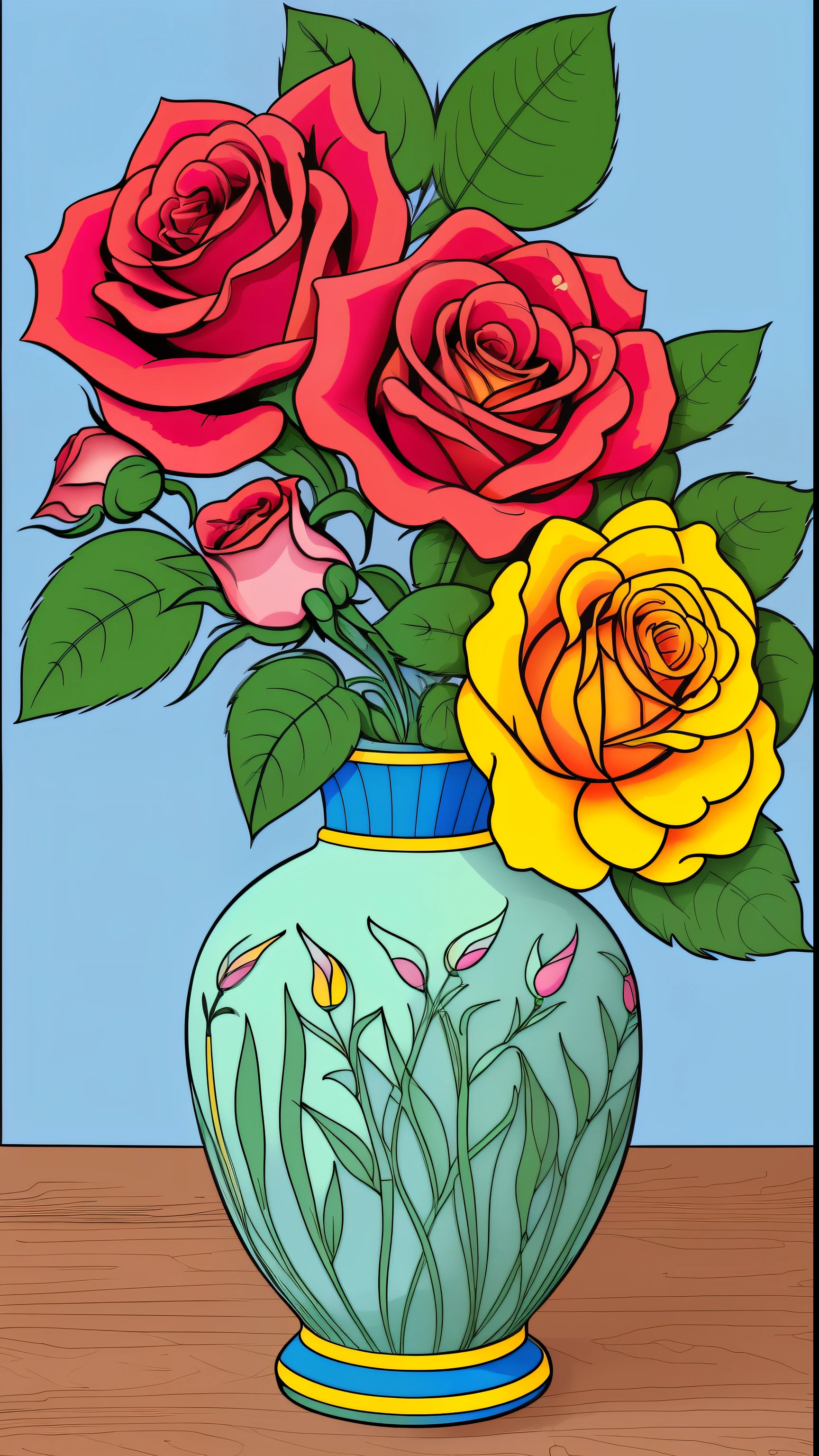 there is a vase with roses in it on a table, i dream of a vase flowers, richly detailed colored, retro coloring, rich flower colors, flat color, detailed flowers, vase with flowers, vase work, vivid vintage coloring, detailed vectorart, perfect coloring, vase of flowers, coloring book style, detailed art in color, flat coloring, a few roses