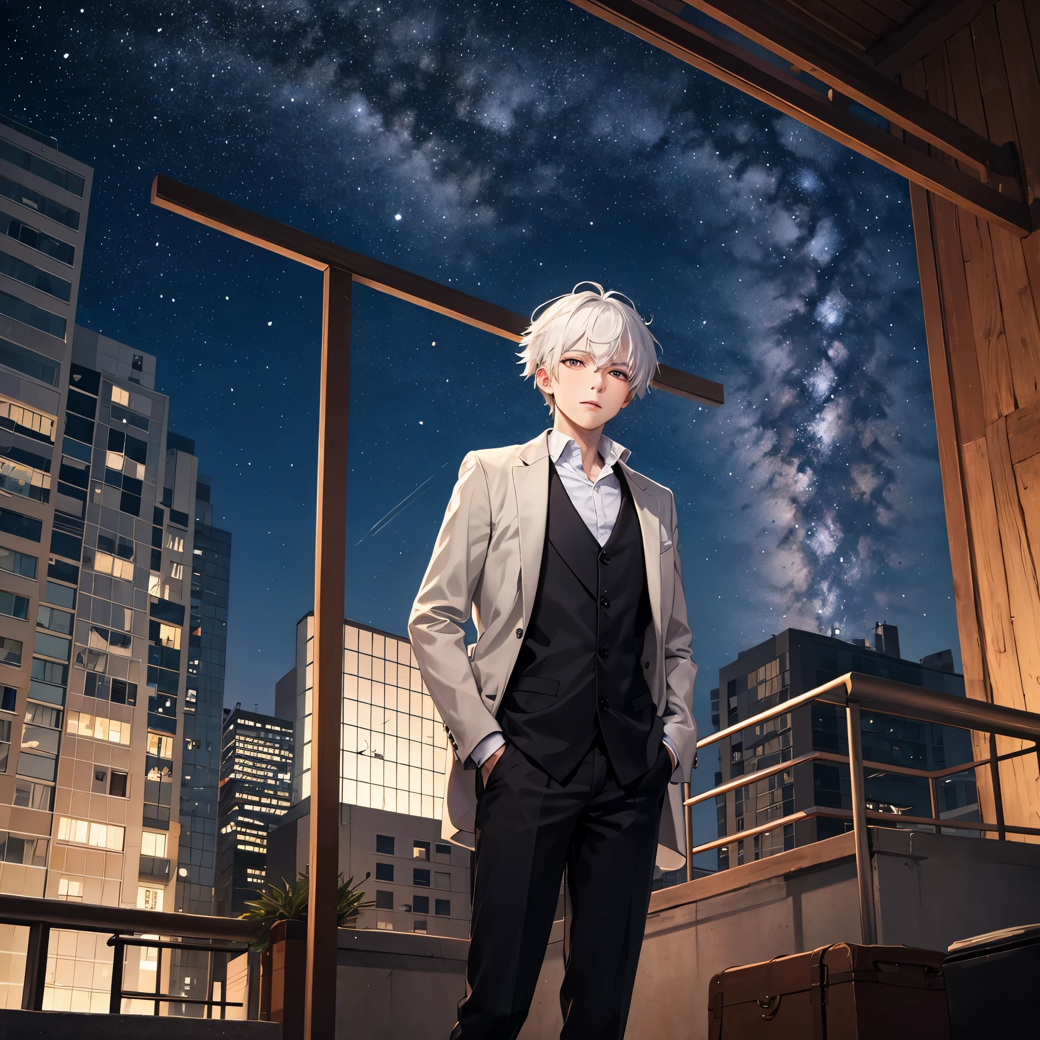 best quality, masterpiece, 1 boy, white hair, white eyes, sitting on the balcony, hands in pockets, night sky view, perfect face
