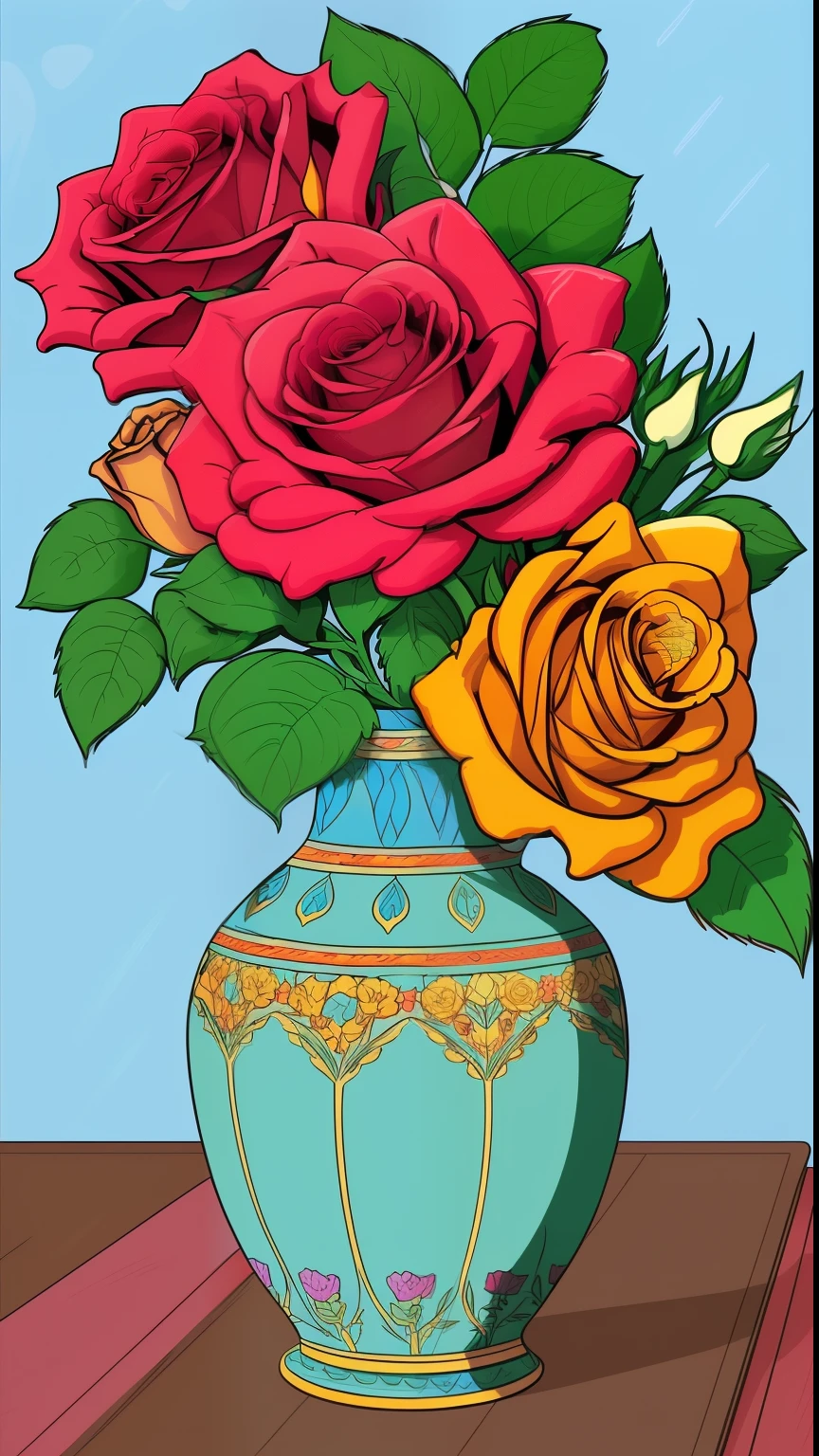 there is a vase with roses in it on a table, i dream of a vase flowers, richly detailed colored, retro coloring, rich flower colors, flat color, detailed flowers, vase with flowers, vase work, vivid vintage coloring, detailed vectorart, perfect coloring, vase of flowers, coloring book style, detailed art in color, flat coloring, a few roses