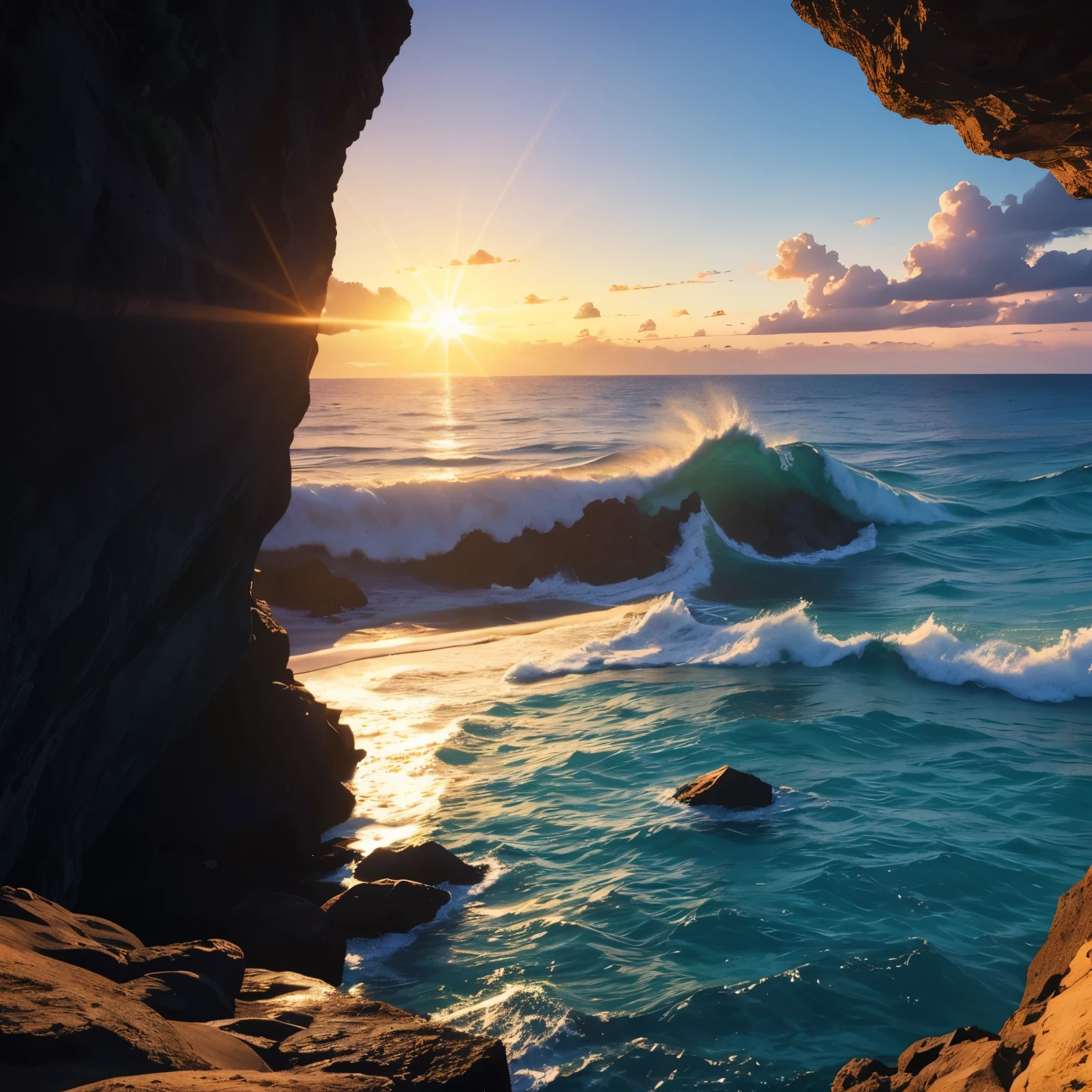 Pixar style minimalist vector of beautiful island sunrise, A secluded beach with small waves gently crashing against the beach, Open view of the calm emerald sea, The sun breaks the horizon、Rainbow rays gently piercing the sky