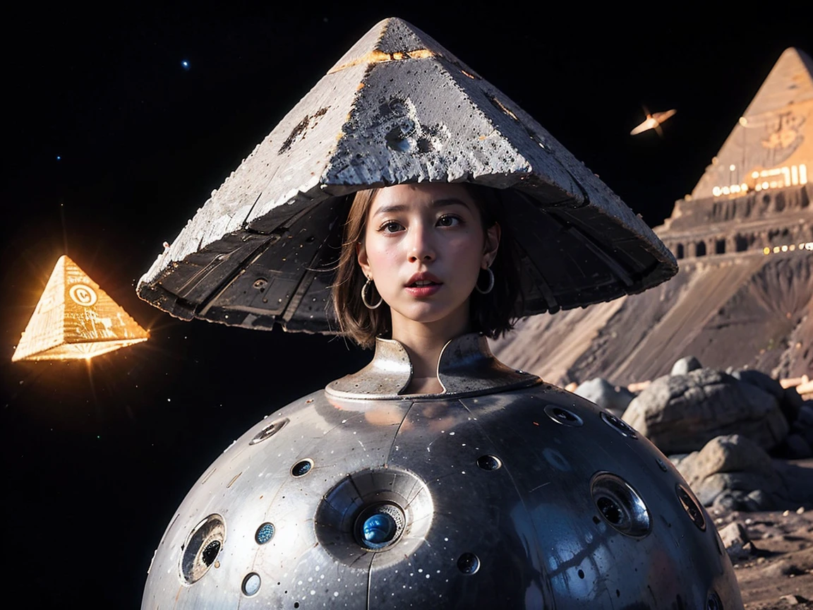 (RAW photo, highest quality), (realistic, Photoreal:1.3), 1 girl、earrings、realisticbody,old space costume、Ancient、boulder、Ancientの儀式、Pyramid-shaped UFO flying from space、laser light、