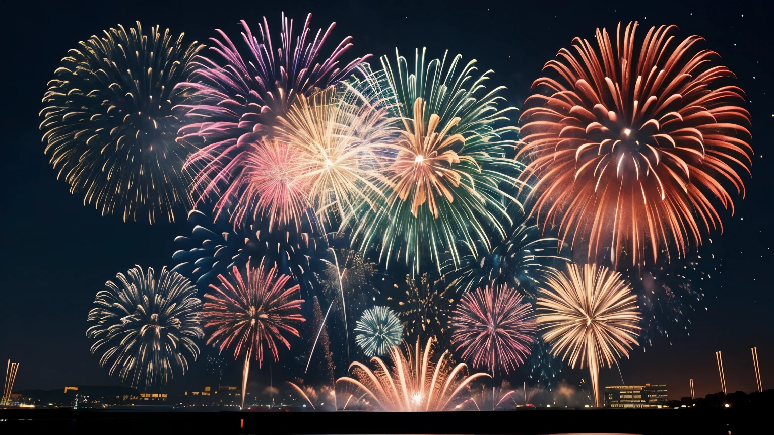 Fireworks Display: Bursting fireworks lighting up the night sky in a dazzling array of colors and shapes.