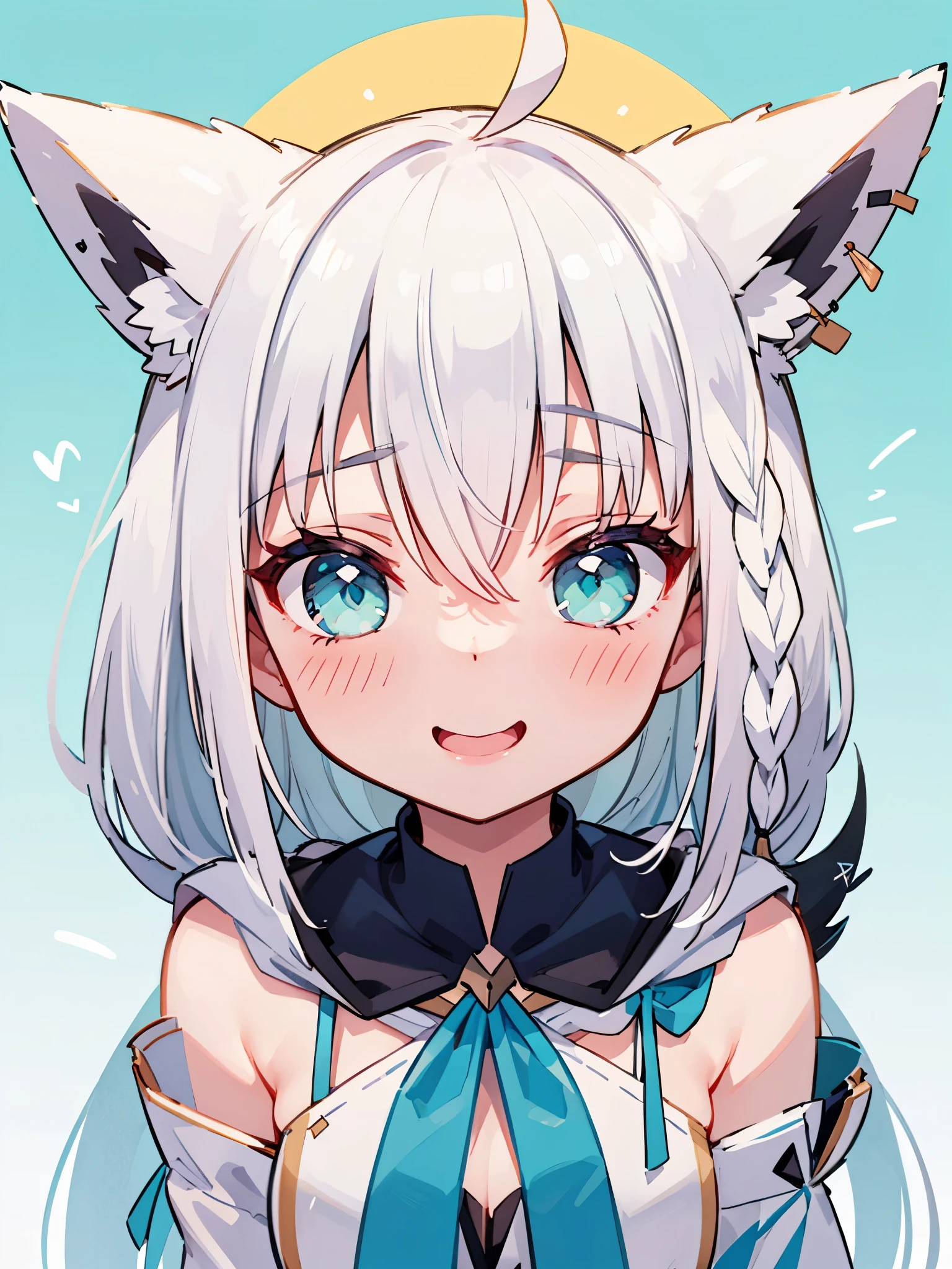 White hair, cyan eyes, whole body, ((cheeky face)), detailed eyes, beautiful eyes, high res, (blush) 