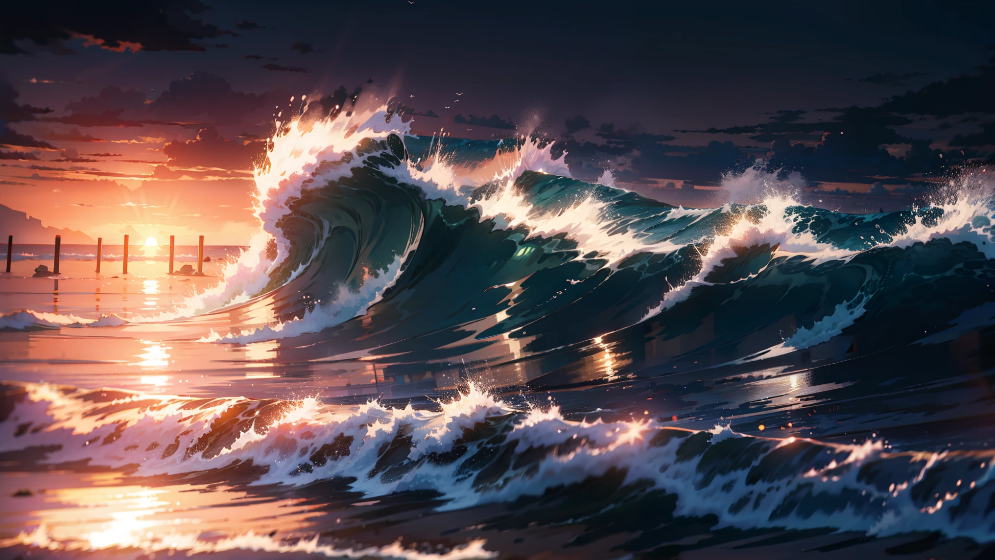 Sunrise, beach waves