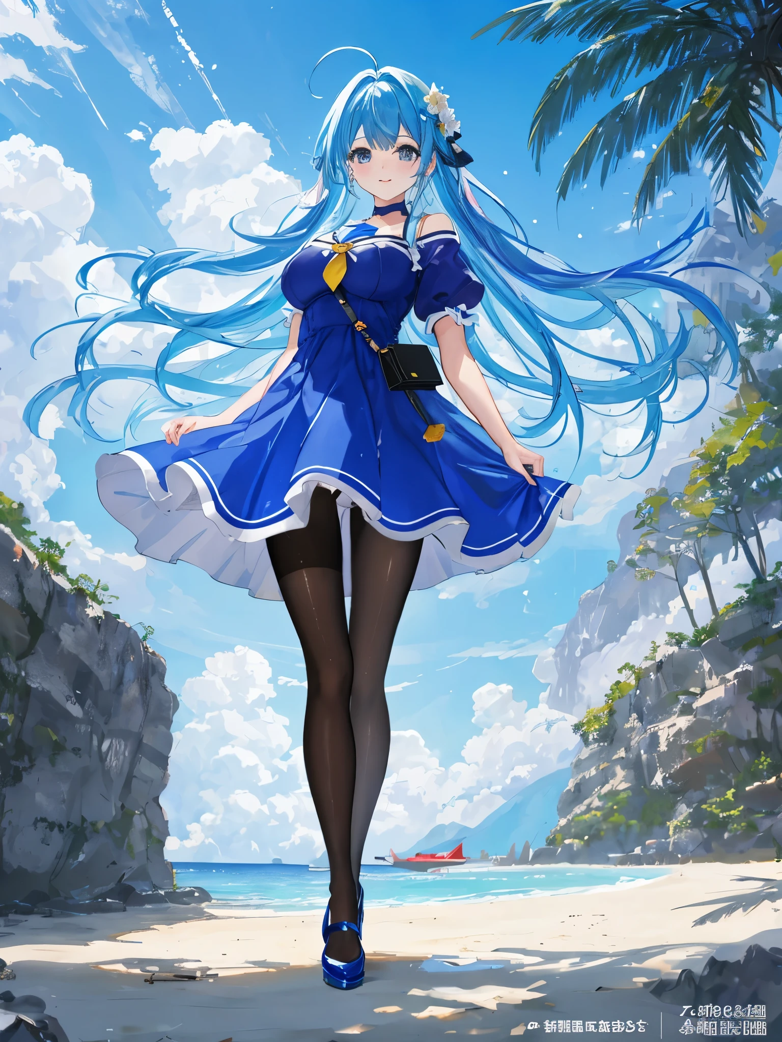 (actual),tmasterpiece,Best quality,movie lighting,(Aerial view of the satellite),naturalshadow,highest details,professional photoshooting,detailedbackground,depth of fields,insanely details,iintricate,Aesthetic,Detailed faces,sub surface scattering,Aerial view of the satellite,1 busty girl,Full body lesbian,light smile,Big breasts are charming,Blue hair.ahoge,(MD colorful),Straight dress,lie,Wet with,pretty legs、Nice butt and long legs、(Surreal pantyhose:1.2) sea beach, Small crabs, Eau,