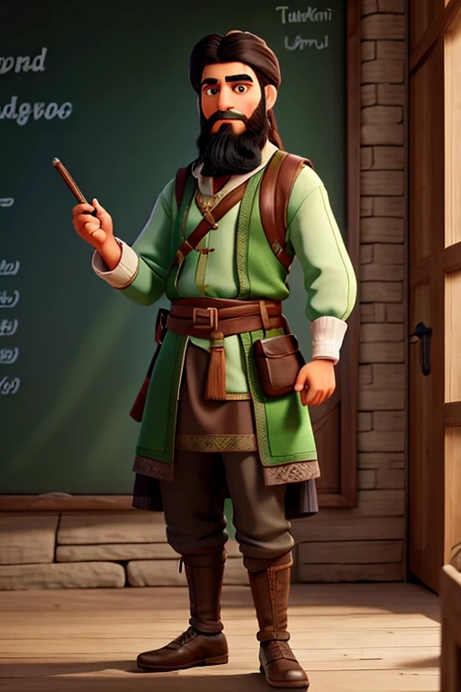 blackboard, written "Learn Turkish with Ertugrul", a green dressed man, with beard