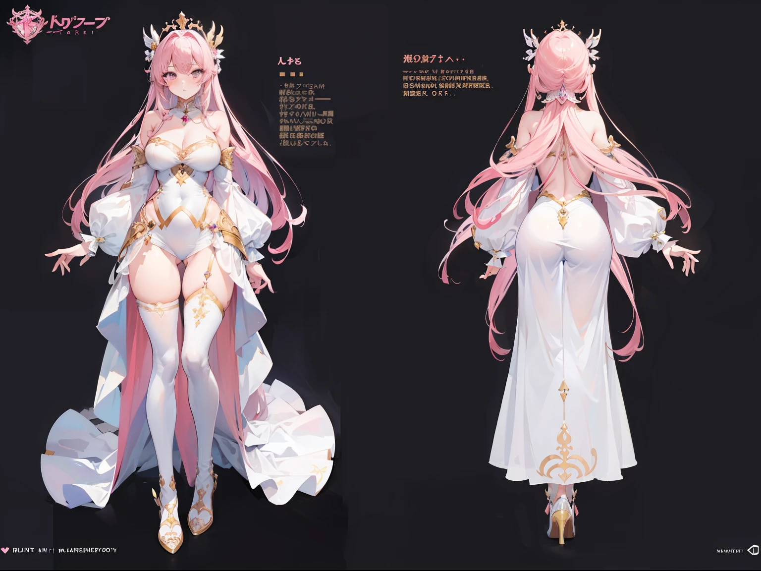 ((masterpiece, best quality)), Detailed face, character design sheet, Full body female love, full of details, body positivity, rear body view, side body view,Very detailed, depth, many parts, Pink long hair girl,beautiful woman, Goddess in white, woman tall