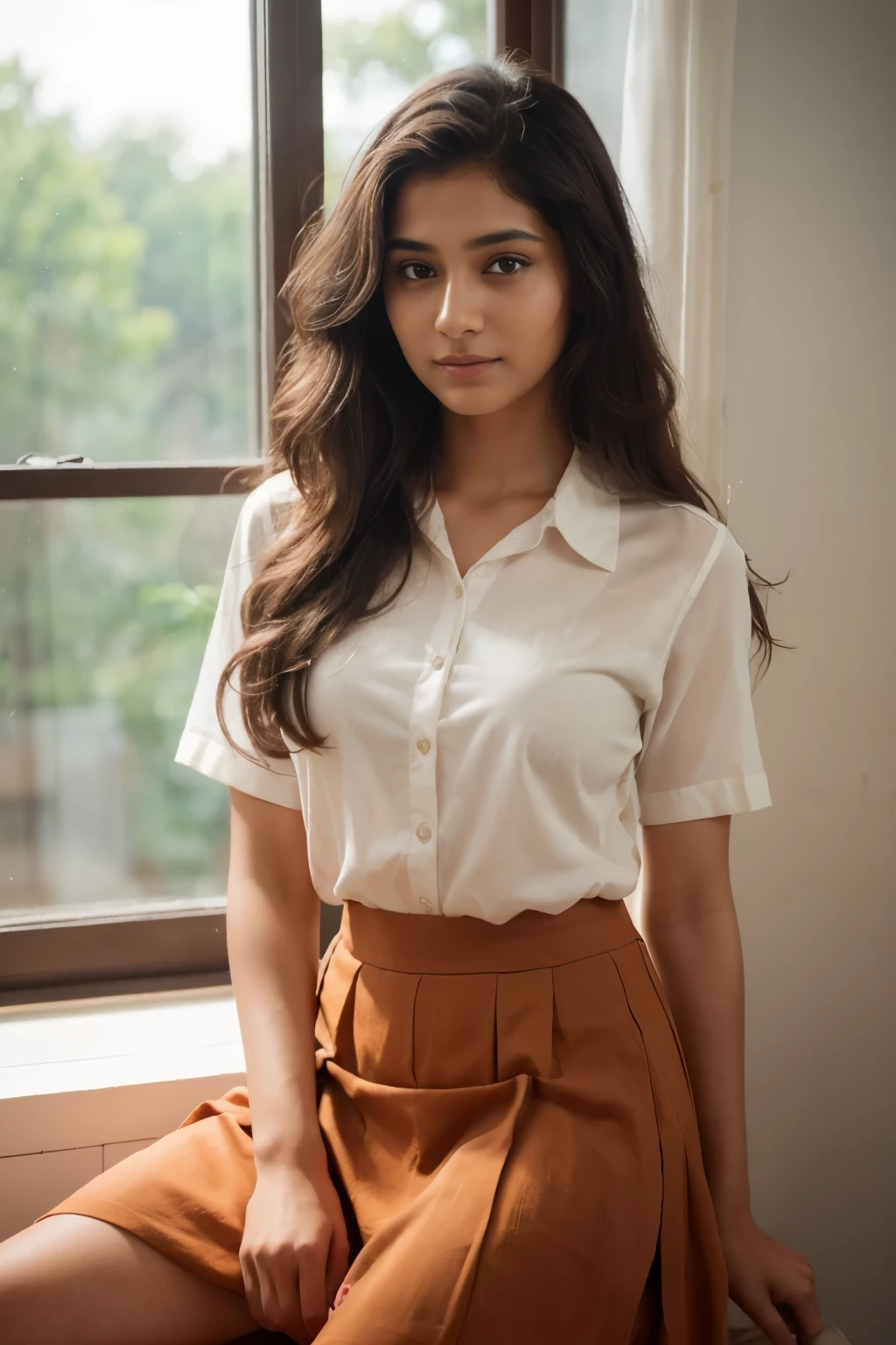Beautiful ,23 years young Indian girl healthy, confidential looking,8k,realistic, raw photo,dark brown hair,fair skin, indian,long hair,clear facial features,, very detailed, 23years old, innocent face, natural wavy hair, high resolution, masterpiece, best quality, intricate details, highly detailed, sharp focus, detailed skin, realistic skin texture, texture, detailed eyes, professional, 4k, charming smile, shot on Canon, 85mm, shallow depth of field, kodak vision color, perfect fit body, extremely detailed, foto_\(ultra\), photorealistic, realistic, post-processing, maximum detail, roughness, real life, ultra realistic, photorealism, photography, 8k uhd, photography wearing Rust orange midi skirt, shirt , window|Wonderstruck look|