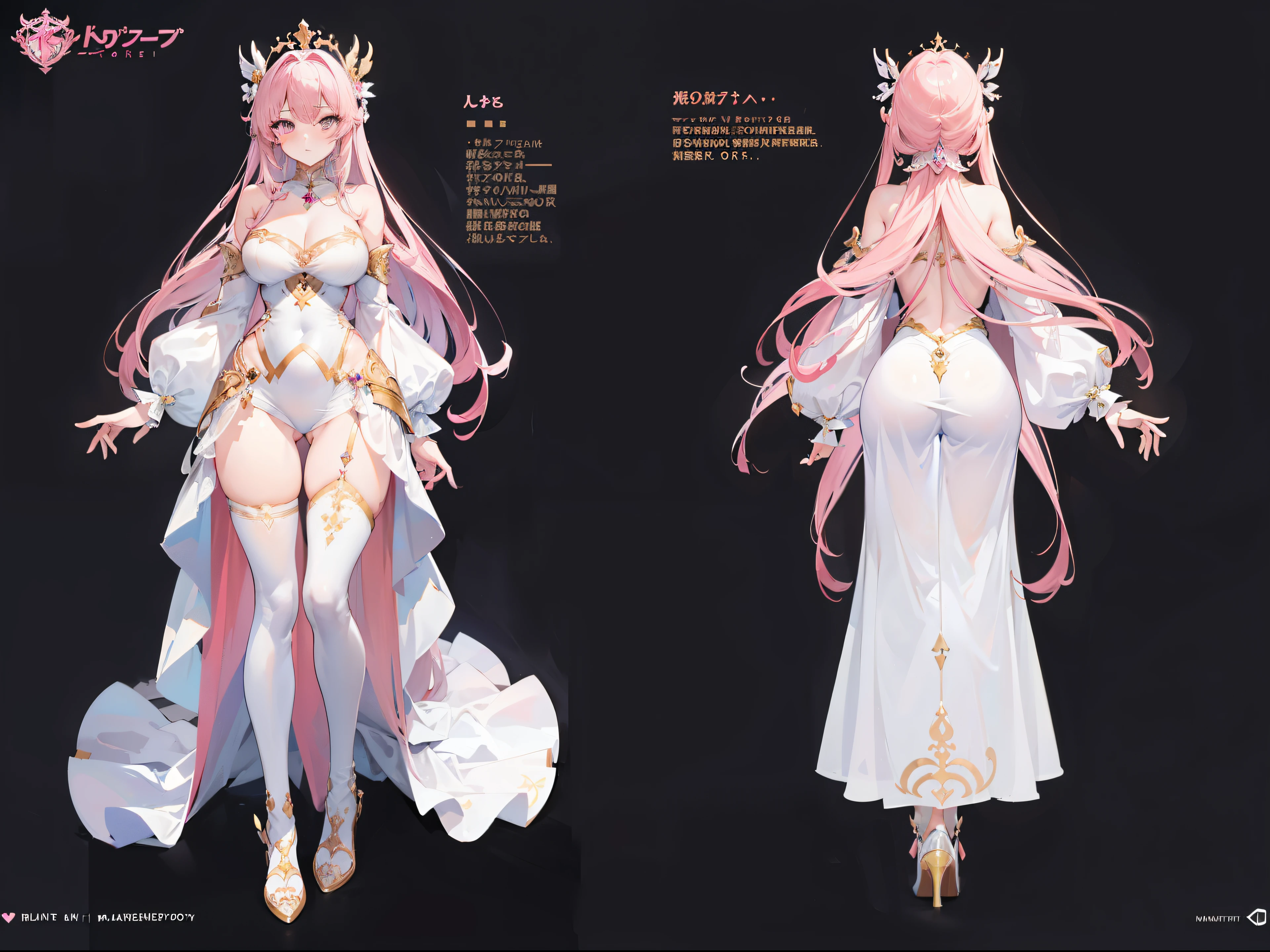 ((masterpiece, best quality)), Detailed face, character design sheet, Full body female love, full of details, body positivity, car body rear view, body side view,Very detailed, depth, many parts, Pink long hair girl,beautiful woman, Goddess in white, woman tall