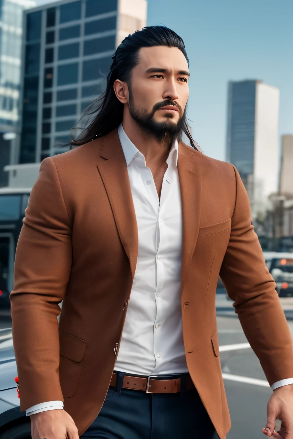 a raw photo of muscular male,best quality,8k uhd, dslr, modelshot style, best quality, film grain,vehicle,outdoors, city background,dynamic pose,frowning,a neat blazer and a nice beard,open shirt,open fly,open belt,adult, brown hair , sleeves rolled up, ow hanzo