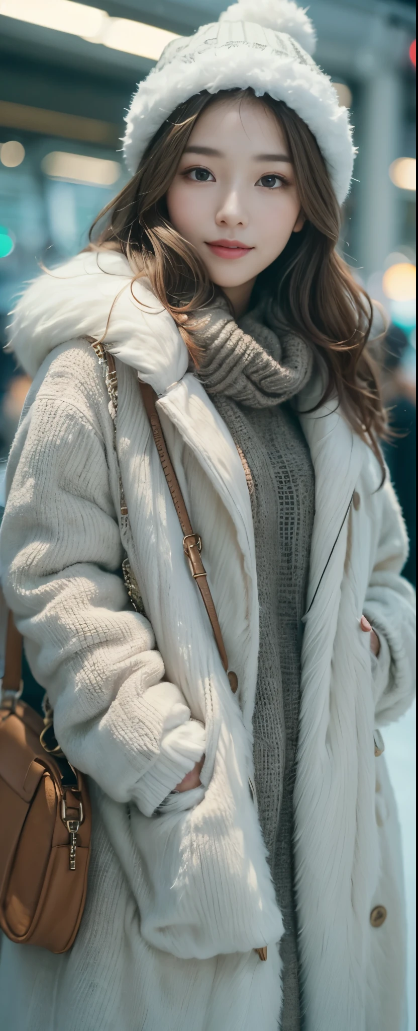 1 lady、Early 20s、(Strong-willed super beauty)、(super beautiful face)、(a delicate face)、make up、brown wavy hair、Christmas snowy night、Standing on the metropolitan station platform、The background is a blank room、shallow view deep,Full frontal photo,white boots,Smile