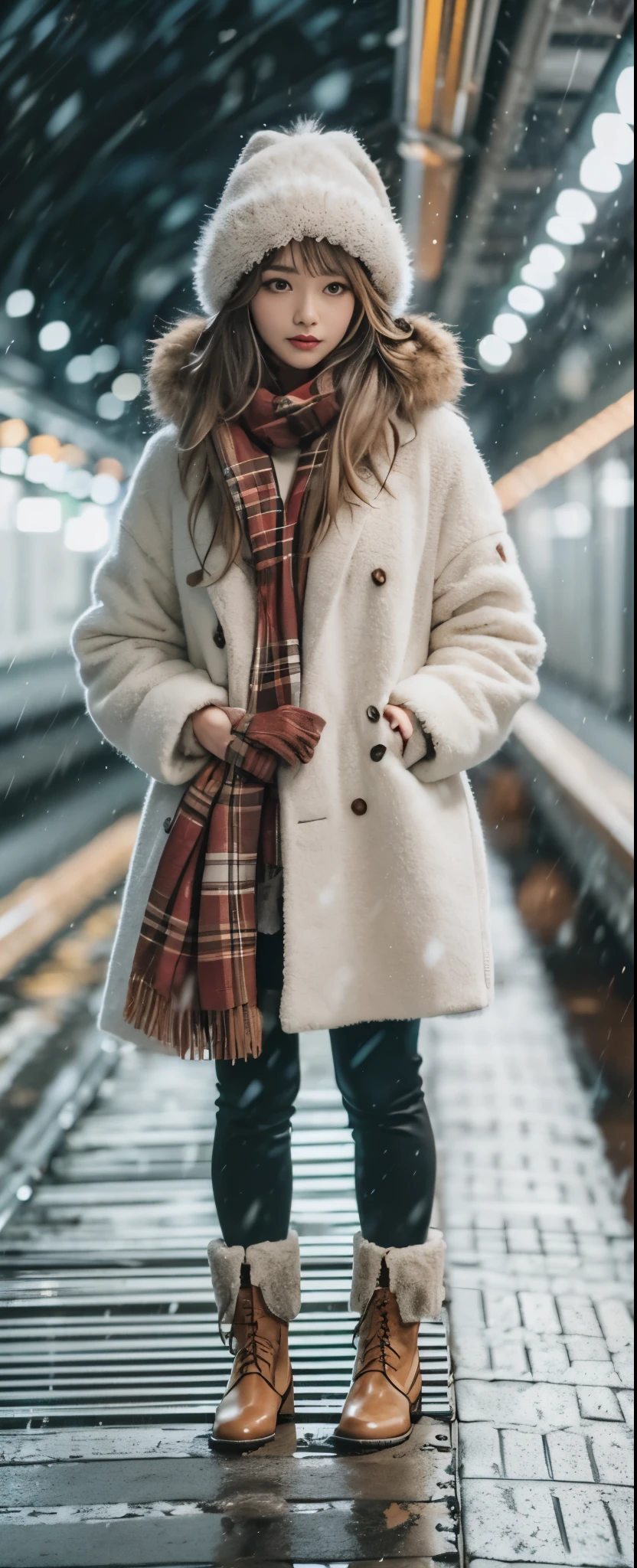 1 lady、Early 20s、(Strong-willed super beauty)、(super beautiful face)、(a delicate face)、make up、brown wavy hair、Christmas snowy night、Standing on the metropolitan station platform、The background is a blank room、shallow view deep,Full frontal photo,white boots