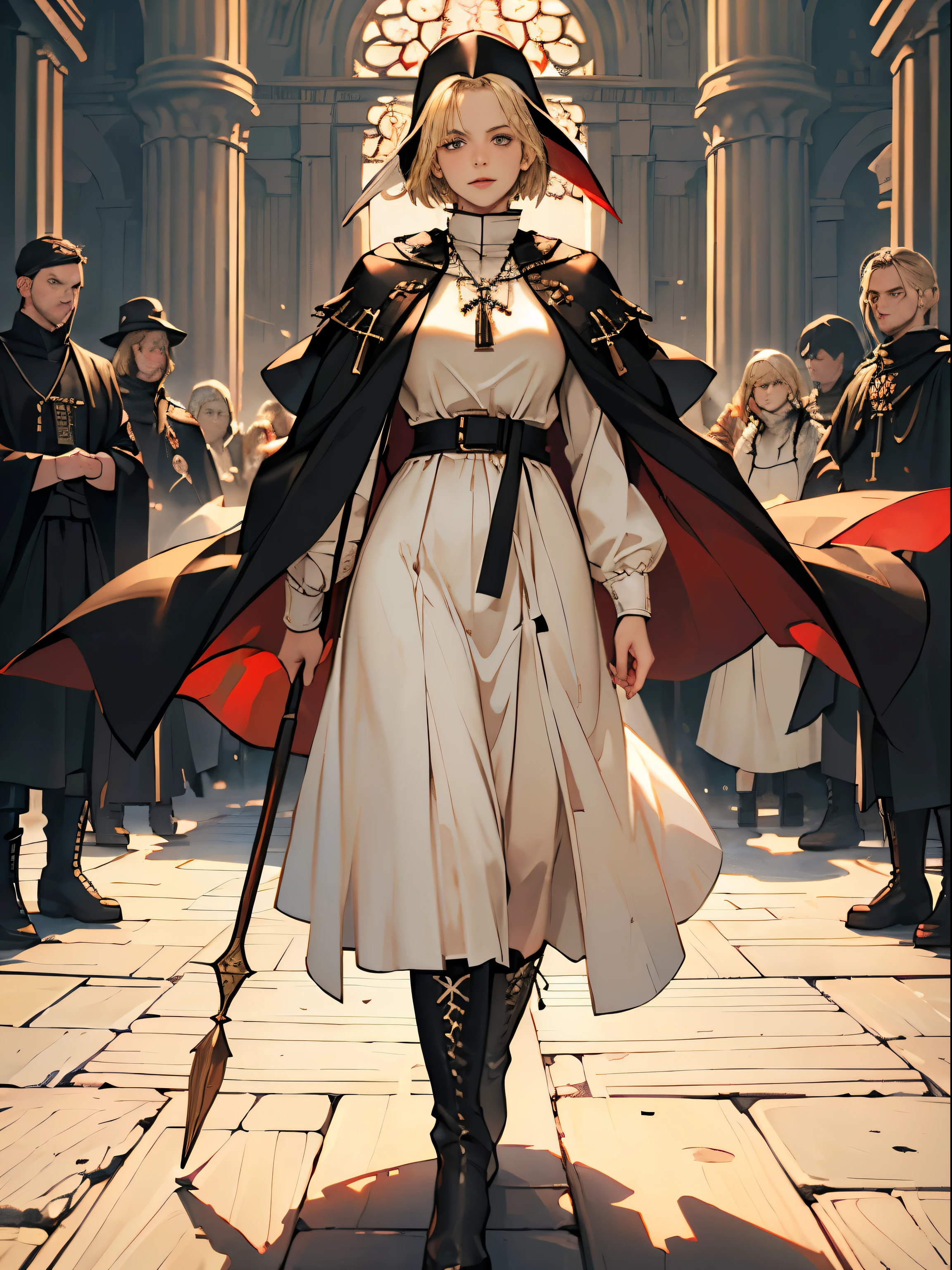 masterpiece, super detailed, 8K portrait, RAW photo, portrait photography, highly detailed face, beautiful and detailed eyes, ((fantasy)), young and beautiful, dynamic pose, kind face, smile, (((Short bob blonde hair))), ((priest)), white skin color, frugal girl, Wooden Necklace, Clergy's hat, (((long cloak))) fluttering in the wind, (((dark dull red oversized priest tunic))), (((long skirt)), (((Low boots))), ((holding a long wooden cane)), Large shoulder bag, midday sun, surreal, body model, big breasts, beautiful breasts, long legs, in the crowd, environmental lighting, shadow details , Focus the camera on the thigh, strong wind, light fog