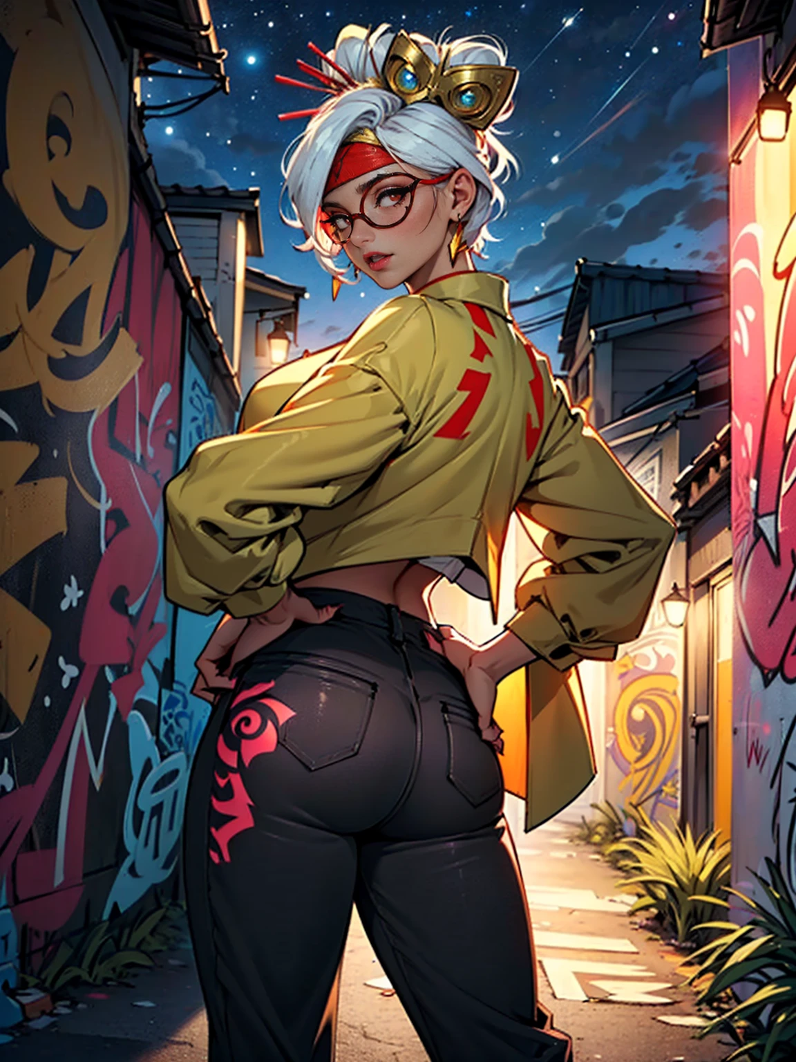 ((back, Masterpiece, Best Quality, Purah, White Hair, Red Eyes, Red Headband, Hair Ornament, Hair Sticks, Red Glasses, Hands on Hips, Smug)), ((pink lipstick, Extremely detailed, ambient soft lighting, 4k, perfect eyes, a perfect face, perfect lighting, a 1girl)) austere, ((malicious,  jade earrings, gold jewelry, female orange blazer, black pantalona tailoring pants, white satin halter top)), night sky, clouds, , lots of , (graffiti alley, graffiti walls, in an alley, night, moonlight, starry night)