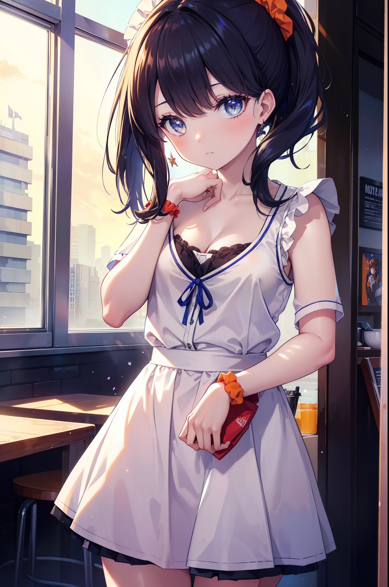 It's a good body, rikka takarada, black hair, blue eyes, long hair, orange Scrunchie, Scrunchie, wrist Scrunchie,ponytail, Maid clothes, hair ornaments, cleavage, maid headd再ss, removed sleeve, ribbon, Picking up customers,
break indoors, coffee shop,
break looking at viewer, (cowboy shot:1.5),
break (masterpiece:1.2), highest quality, High resolution, unity 8k wallpaper, (figure:0.8), (detailed and beautiful eyes:1.6), highly detailed face, perfect lighting, Very detailed CG, (perfect hands, perfect anatomy),
