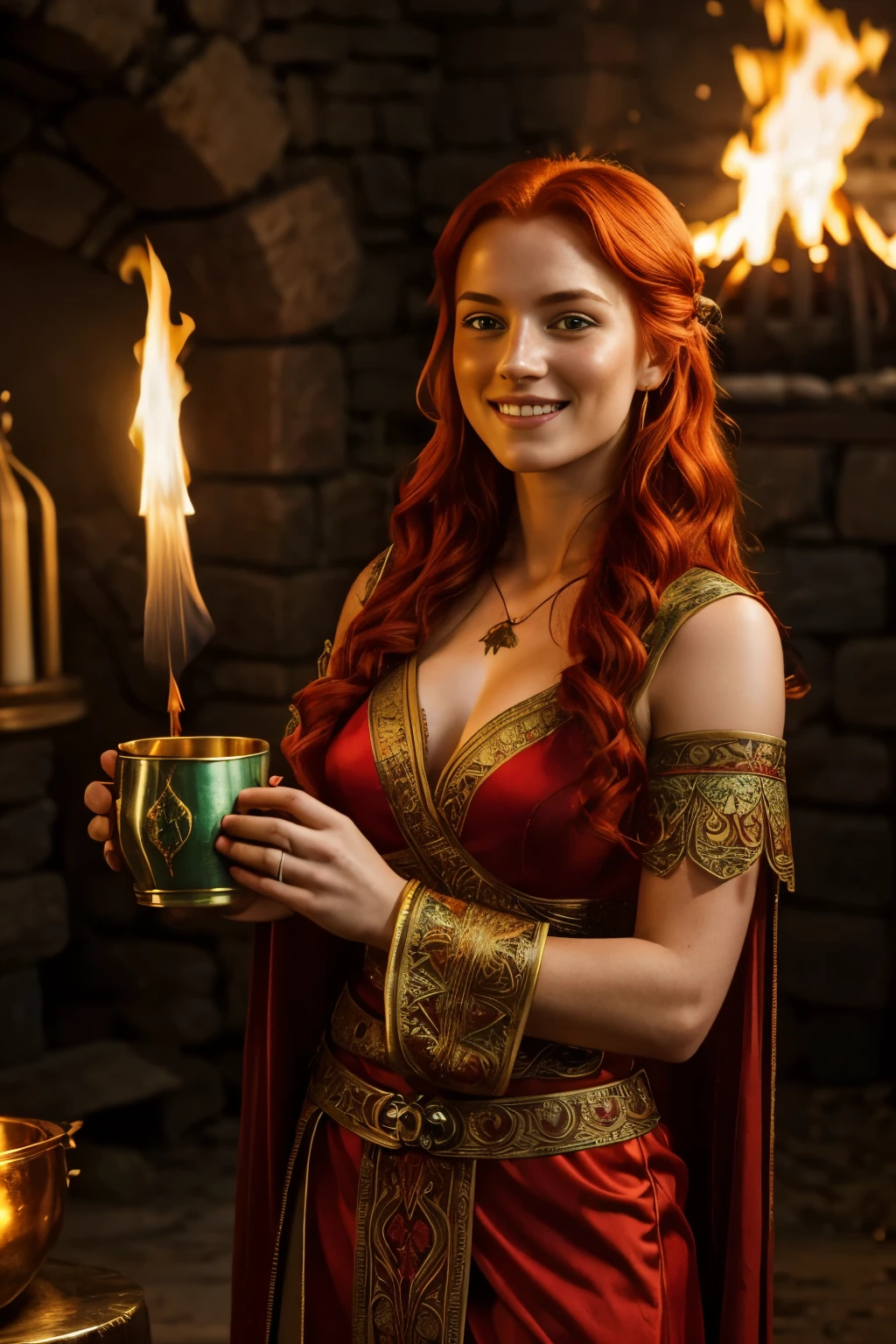 Red-headed Viking warrior princess, wearing a majestically embroidered gown, triumphantly celebrates her victory among her valorous warriors. With a beaming smile and slightly tilted head, she raises a mug of mead, showcasing her radiant freckles against the warm glow of the nearby campfire. The embers cast an inviting, golden light over her hyper-detailed, head and shoulder portrait, capturing the intricacies of her fiery red locks and the passionate depth of her victorious gaze. The lush emerald fabric of her dress shines brilliantly beneath the gentle, diffused light, adding to the scene's grandeur and celebratory atmosphere.