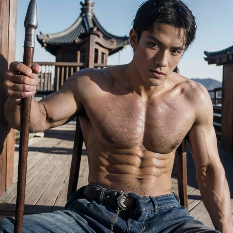 Close-up of a man with a spear in his hand.,Wear a large black leather armband, shirtless :: Highly detailed,Stained body,((scars on face)), strong, light blue pants,photography,old japan temple in background,eyes on camera,bruv hair style
