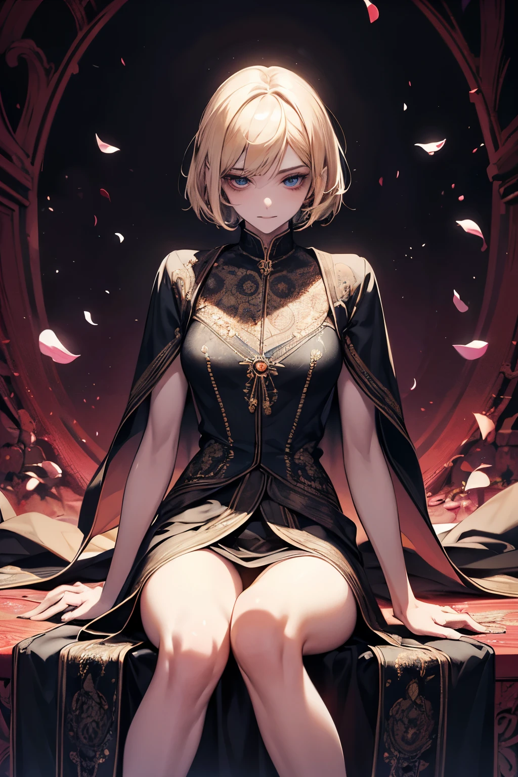 best quality, 32k, RAW photo, incredibly absurdres, extremely detailed, beautiful slender and sharp face, sitting knee shot, arms behind back, amorous and lewd expression, blonde bob cut, side braided, superlative body proportion, fractal art, art design, background Raining petals, holy water, mandala