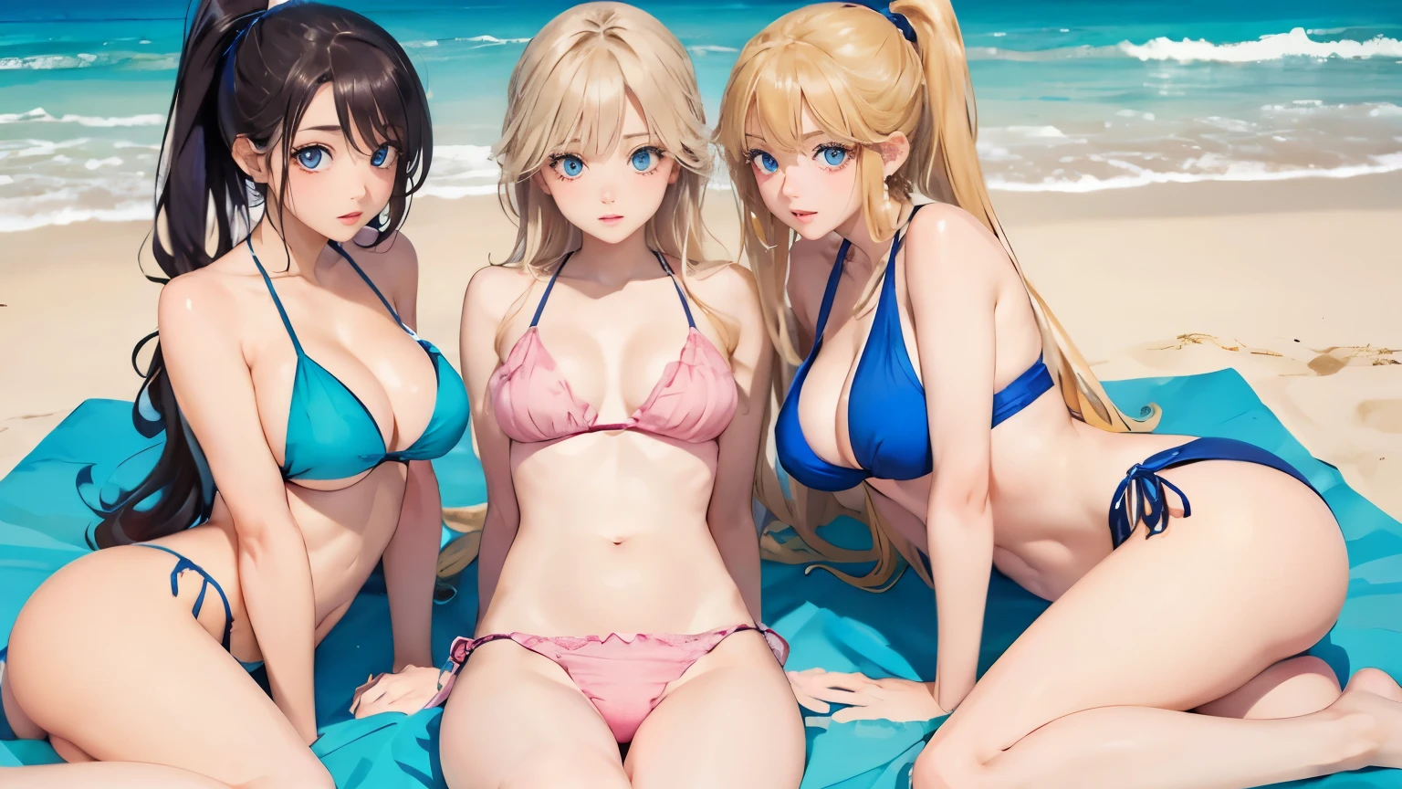 (masterpiece:1.2), (highest quality:1.2),, Curvy but slender body, perfect eyes, perfect face, perfect lighting, 2 girls, on the beach, （beach volleyball），（pink bikini），（ruffle bikini），（full body shot），（ponytail），（I can see your butt），curly hair, fine clothes, detailed outdoor background, compensate, eye shadow, thick eyelashes, fantasy, looking at the viewer, whole body、blue sky、Bright and very beautiful face、young shiny glossy white shiny skin、the best beauty、the most beautiful bright blonde hair in the world、thin hair、long hair、Shining beautiful bangs、big shining blue eyes、Very beautiful and lovely 18 years old, the most beautiful girl in the world、small breasts