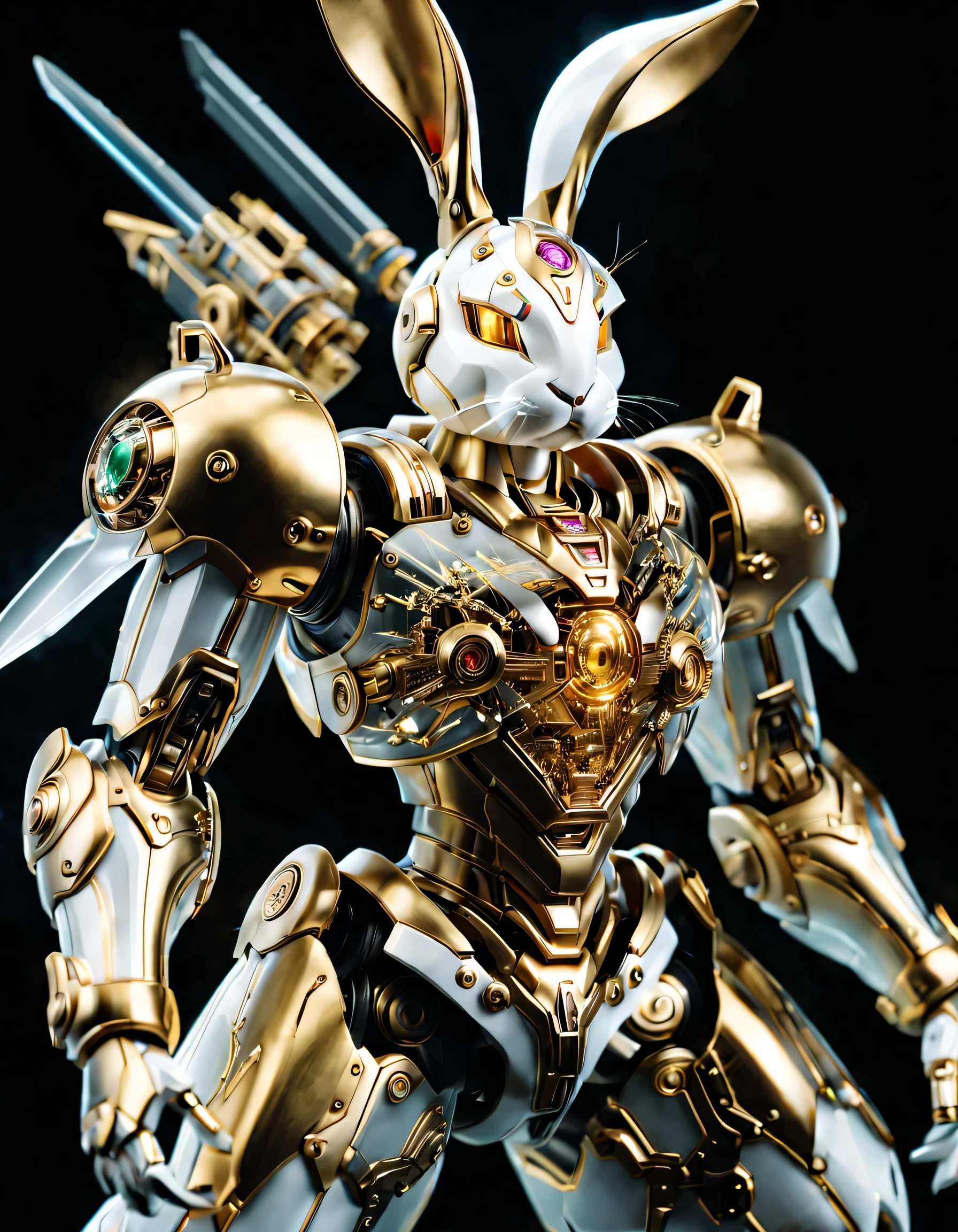 personification,(full view:1.2), Pure black background, A platinum rabbit transparent mecha stands on the ground,Get into a fighting stance, Exquisite white transparent glass mechanical armor, Metal mechanical mask, Precision luminous electronic eye,(The internal structure is complex and precise:1.2), Exquisite and complex golden mecha texture, (gold mechanical thread:1.2), (Well-designed, high detail, masterpiece, best quality, ultra high definition, Sharpen details, ,metallic feel),New Jersey RS