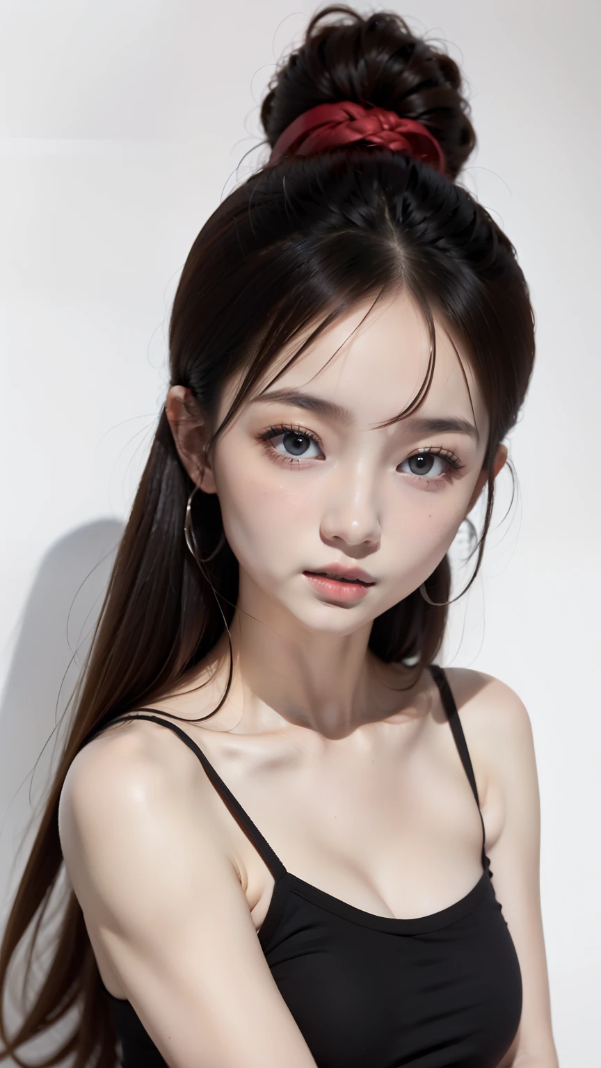 one girl、20talent、、perfect anatomy、cute face、small nose、plump lips、red lipstick、slightly pink cheeks、white skin、black dress、random hairstyle、unique hairstyle、aggressive hairstyle、、highest quality、super detailed、high quality details、Portrait、Masseter muscle part、