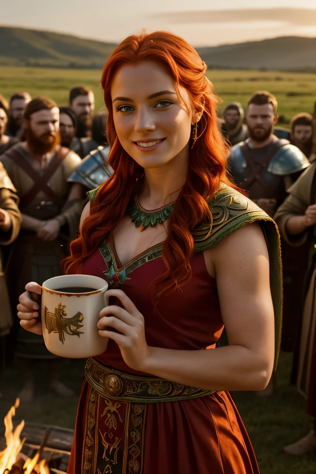 Red-headed Viking warrior princess, wearing a majestically embroidered gown, triumphantly celebrates her victory among her valorous warriors. With a beaming smile and slightly tilted head, she raises a mug of mead, showcasing her radiant freckles against the warm glow of the nearby campfire. The embers cast an inviting, golden light over her hyper-detailed, head and shoulder portrait, capturing the intricacies of her fiery red locks and the passionate depth of her victorious gaze. The lush emerald fabric of her dress shines brilliantly beneath the gentle, diffused light, adding to the scene's grandeur and celebratory atmosphere.