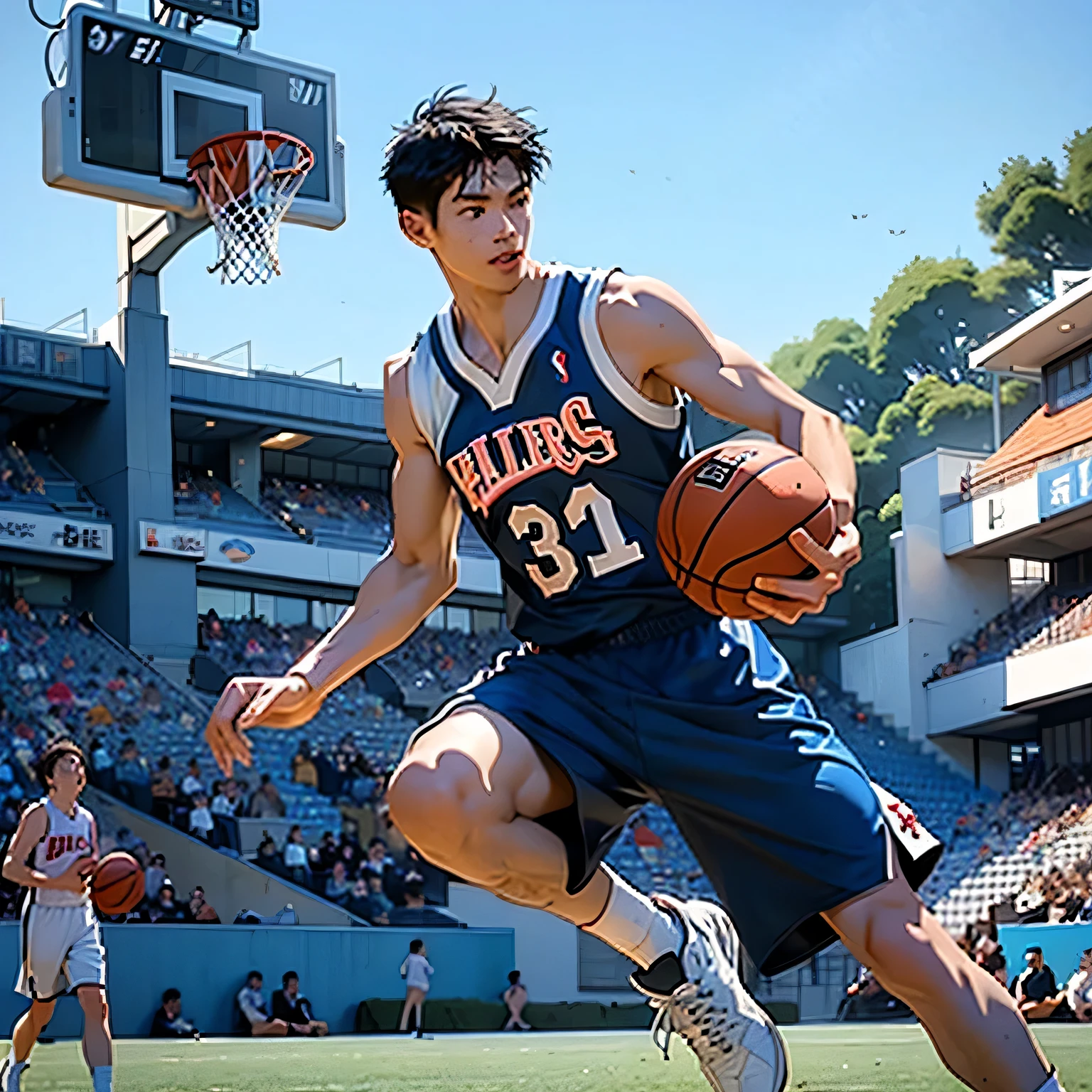 Cartoon illustration of a group of teenagers on basketball court,Action-packed basketball scenes,basketball player, Game cover art,artwork, high level of detail,comic style,Sports field details,delicate face,A moving image masterpiece,alone,best quality,5 men,Game promotional poster,Sports field details,comic style,Handsome,exquisite eyes,intricate details,Basketball clothes,Basketball shorts,sports shoes,Unkempt black hair,complex patterns,Best light and shadow,dappled sunshine,Slam Dunk scene,daytime,depth of field,summer,artistically,depth of field,篮球场上Smile的青少年群体的卡通插图,Action-packed basketball scenes,basketball player, Game cover art,artwork, high level of detail,comic style,Sports field details,delicate face,A moving image masterpiece,alone,best quality,5 men,Game promotional poster,Sports field details,comic style,Handsome,exquisite eyes,intricate details,Basketball clothes,Basketball shorts,sports shoes,Unkempt black hair,complex patterns,Best light and shadow阳光,Slam Dunk scene,daytime,depth of field,summer,artistically,depth of field,Smile