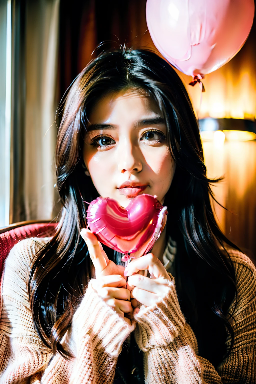 ((Super high quality,detailed eyes,detailed face,1 girl,Photoril,4K,beautiful woman,RAW)),sweater,holding a heart balloon,hotel at night,Bedroom,bed,anniversary balloons