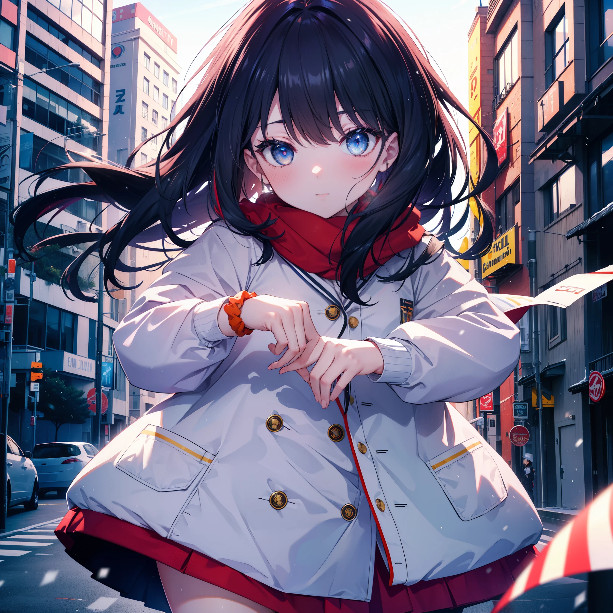 It's a good body, rikka takarada, black hair, blue eyes, long hair, orange Scrunchie, Scrunchie, wrist Scrunchie,smile,blush,heart shaped necklace,red muffler,white long coat,red sweater black long coat,red muffler,short boots,winter,cold sky,It's snowing,snow is falling,
break outdoors, In town,building street,
break looking at viewer, (cowboy shot:1.5),
break (masterpiece:1.2), highest quality, High resolution, unity 8k wallpaper, (figure:0.8), (detailed and beautiful eyes:1.6), highly detailed face, perfect lighting, Very detailed CG, (perfect hands, perfect anatomy),
