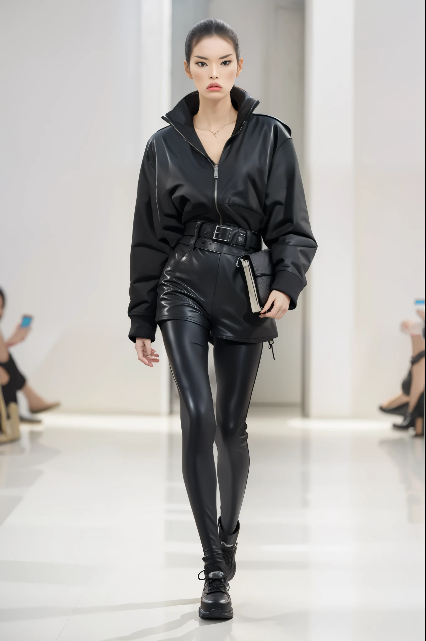 16K, Masterpiece, photorealism, girl with long hair, full body, woman in black coat and leggings walking down the runway, Balenciaga fashion, cropped shirt with jacket, inspired by Ota Bubenicek, in modern black clothes, wear black clothes, wear black clothes inspired by Alexander Mann, leather pants with a belt, wear black tight clothing