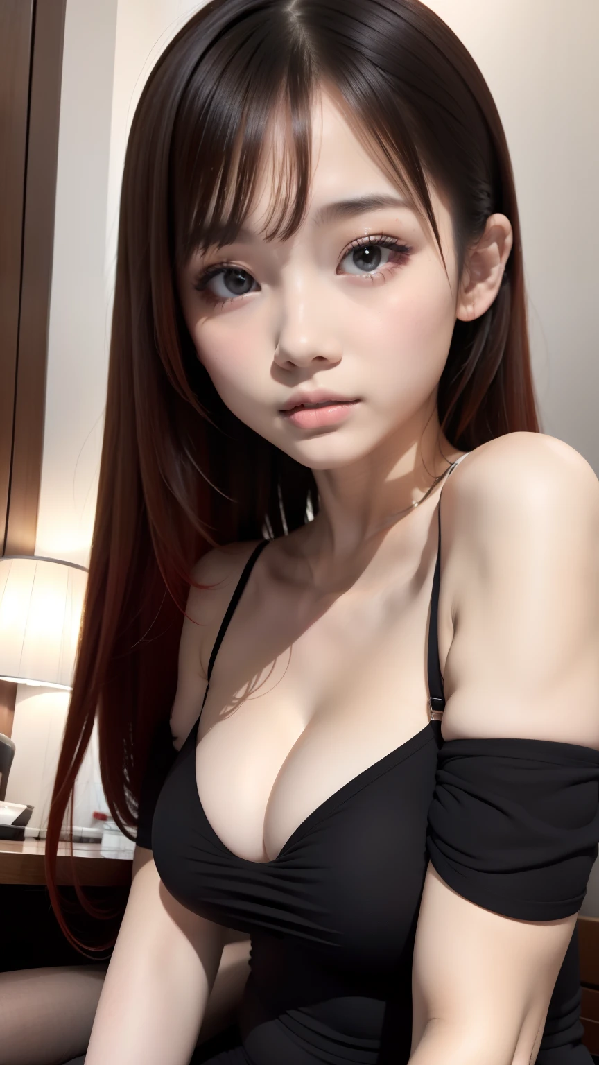 one girl、20talent、、perfect anatomy、cute face、small nose、plump lips、red lipstick、slightly pink cheeks、white skin、black dress、random hairstyle、unique hairstyle、aggressive hairstyle、、highest quality、super detailed、high quality details、Portrait、Masseter muscle part、