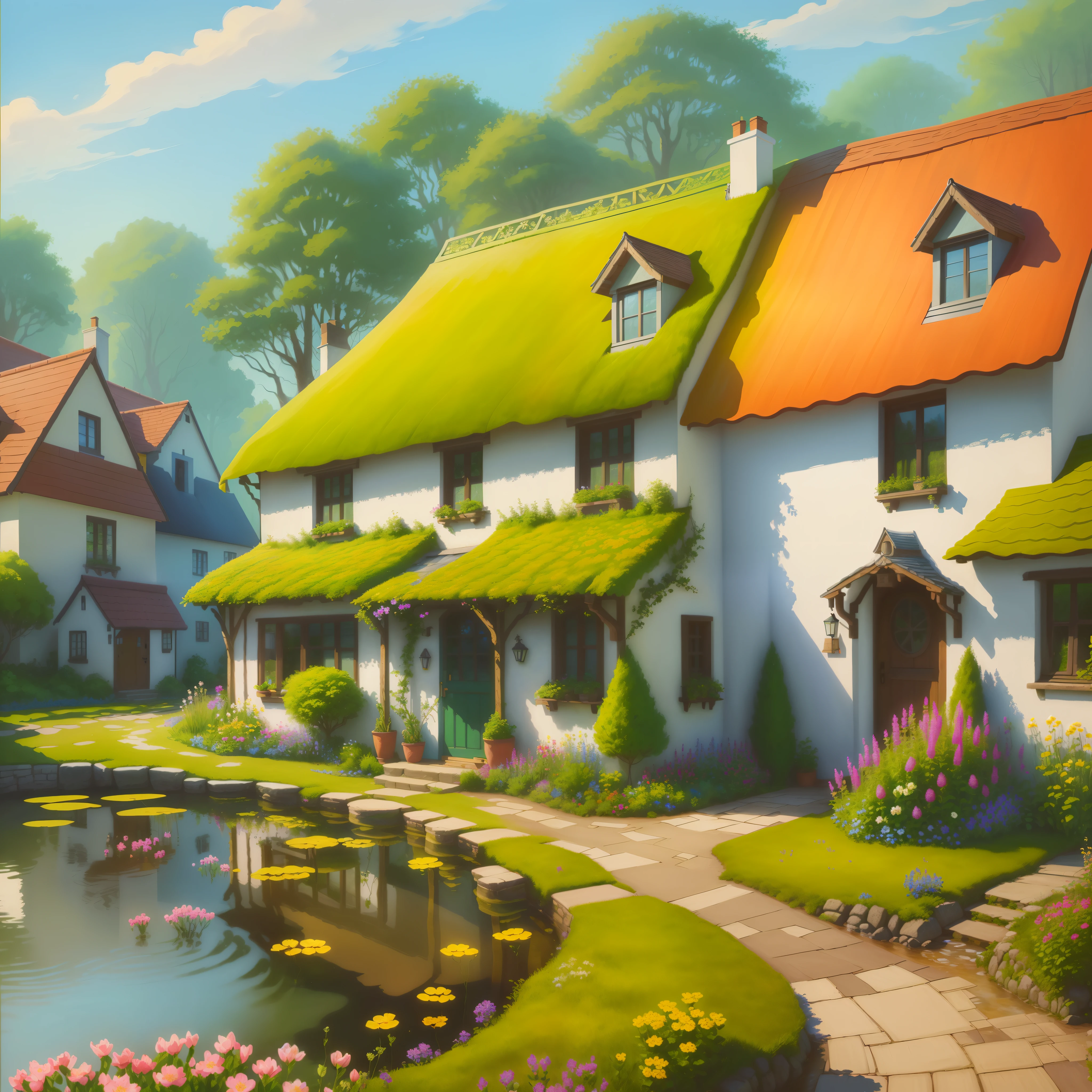 a painting of a house with a garden and a stream, flowery cottage, idyllic cottage, little cottage, colorful house, digital cartoon painting art, cottage, scenery art detailed, cottage close up, cottage town, house background, beatiful house, full of colors and rich detail, detailed painting 4 k, village house, detailed digital artwork, cottage in the forest