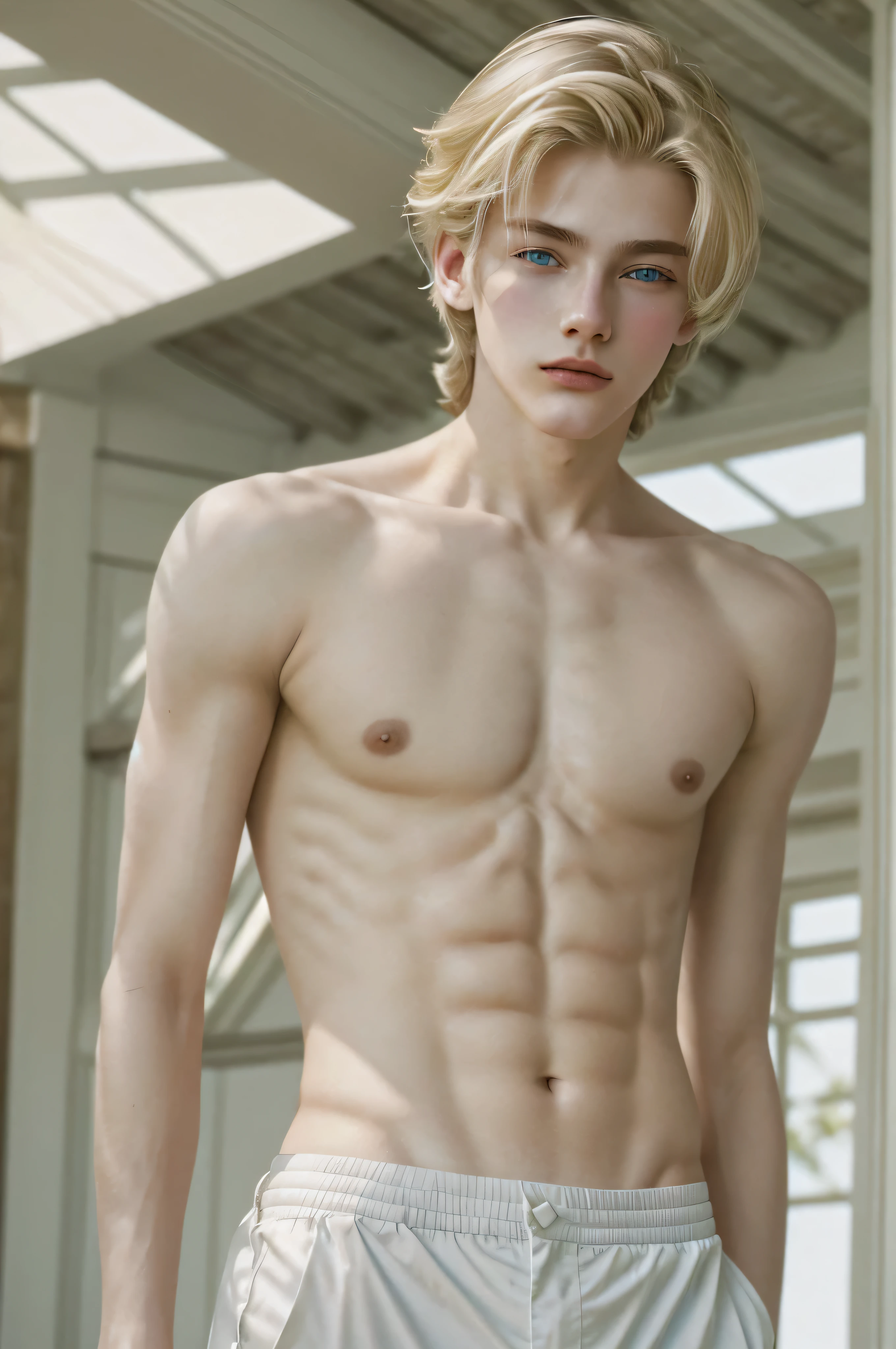 white skin, beautiful boy around 20 years old, inexpensive haircut, Natural white blonde hair and bright blue eyes that looked sad.., Wear KOHL, Sleek and elegant, beautiful, He is topless., Fantasy setting, The focus is very sharp., Real shot, He wore white trousers.., stand, torso shot, Look at the viewer., soft nipples, Detailed eyes, Fine skin, Fine nipples.