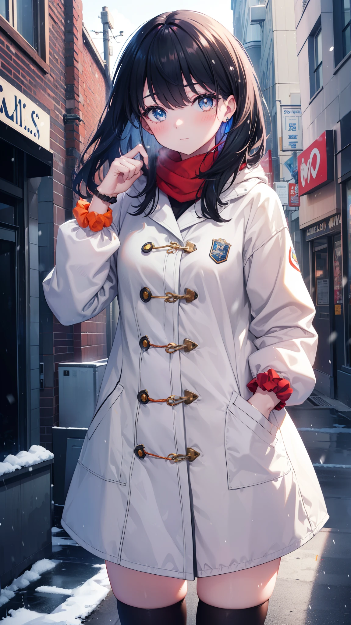 It's a good body, rikka takarada, black hair, blue eyes, long hair, orange Scrunchie, Scrunchie, wrist Scrunchie,smile,blush,heart shaped necklace,red muffler,white long coat,red sweater black long coat,red muffler,short boots,winter,cold sky,It's snowing,snow is falling,Hands in coat pockets,
break outdoors, In town,building street,
break looking at viewer, (cowboy shot:1.5),
break (masterpiece:1.2), highest quality, High resolution, unity 8k wallpaper, (figure:0.8), (detailed and beautiful eyes:1.6), highly detailed face, perfect lighting, Very detailed CG, (perfect hands, perfect ???????),