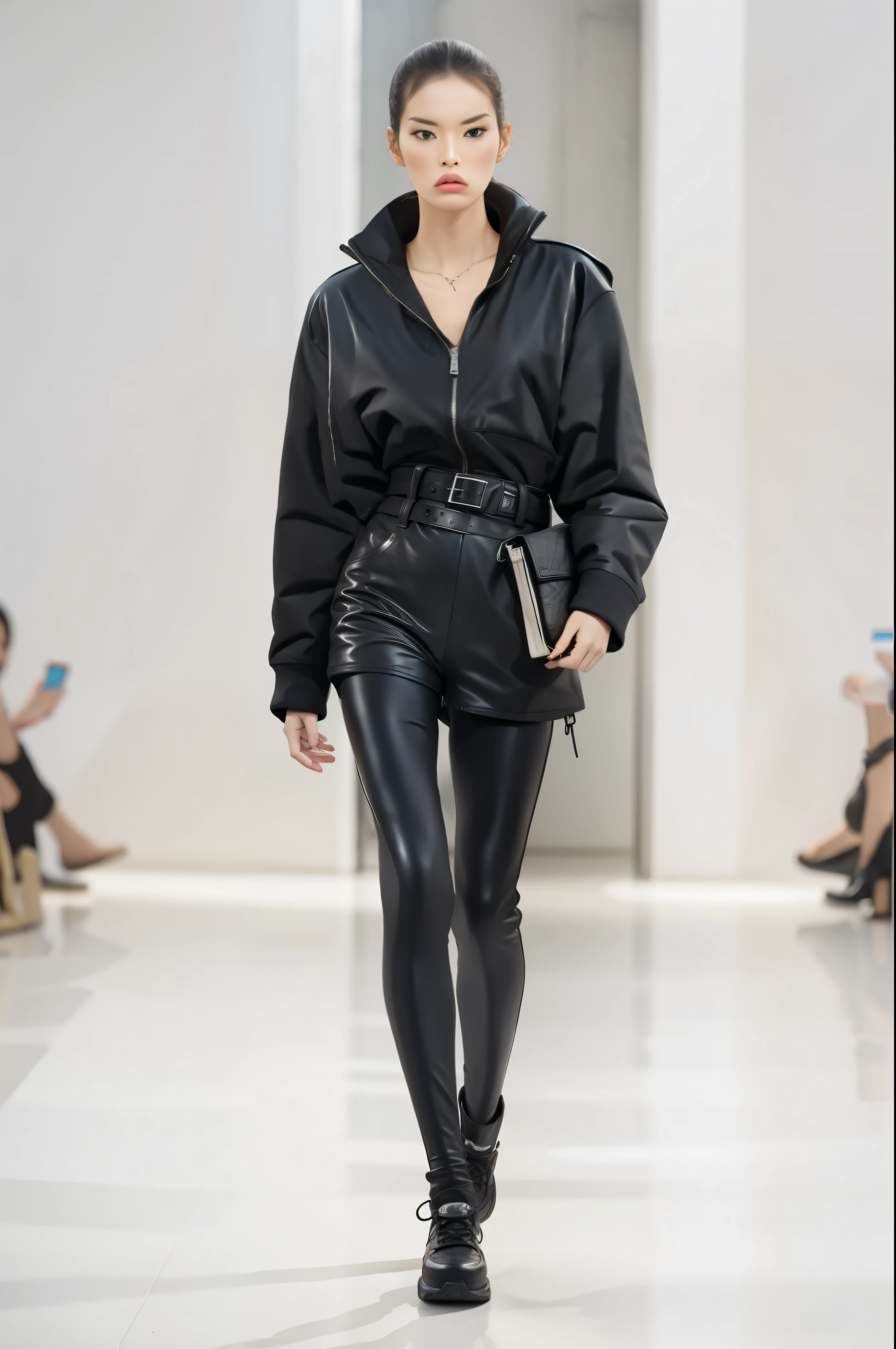 16 thousand., Masterpiece, photorealism, girl with long hair, whole body, woman in a black coat and leggings walks along the catwalk, Balenciaga fashion, Cropped shirt with jacket, inspired by Ota Bubenichek, in modern black clothes, wear black clothes, wear black clothes inspired by Alexander Mann, leather trousers with belt, wear black tight-fitting clothes