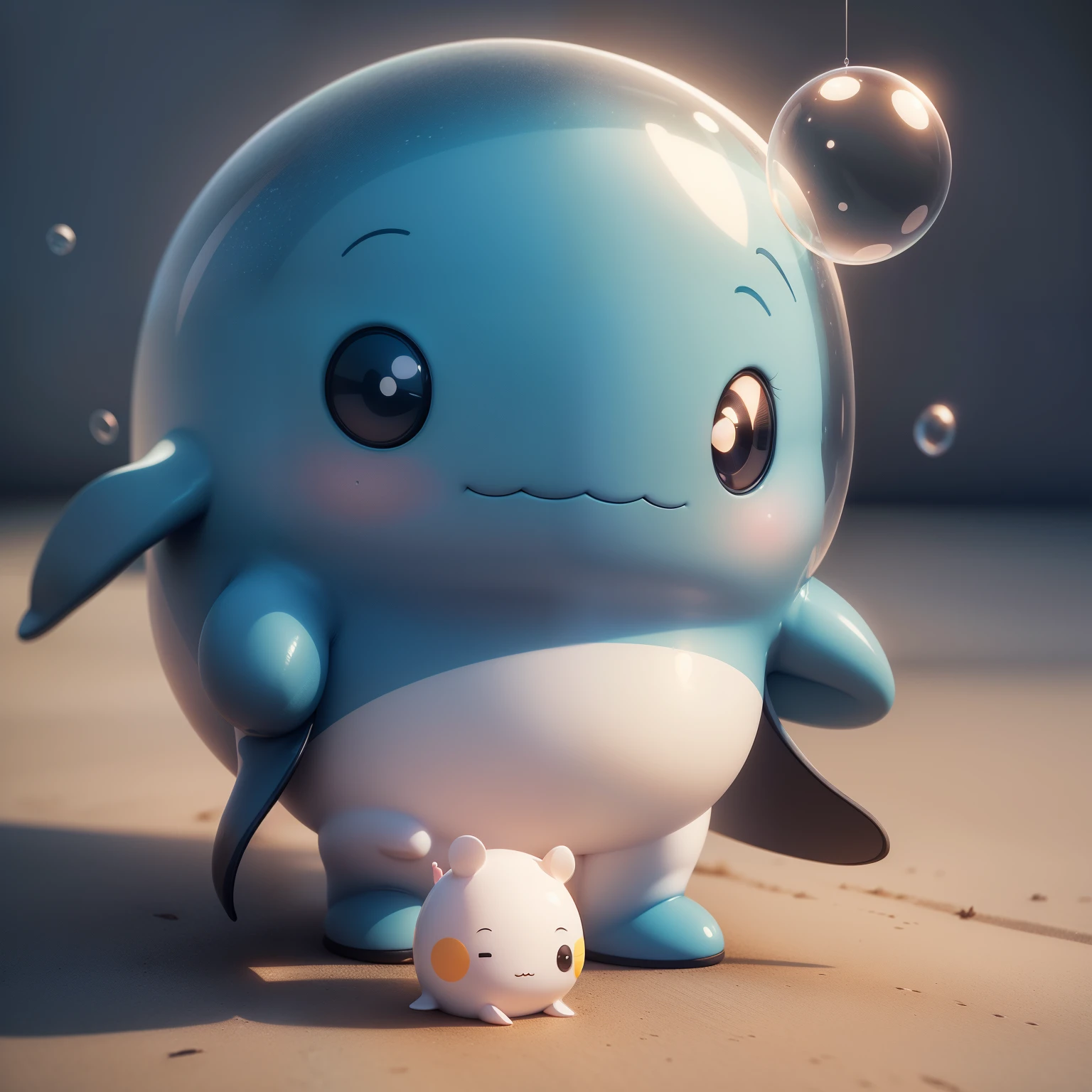 A cute baby whale wearing suit, standing naturally and full-faced, Bubble Mart style, clean and simple design, IP image, high-grade natural color matching, bright and harmonious, cute and colorful, detailed character design, C4D style, 3D animation style character design, cartoon realism, fun character setting, ray tracing,personify
