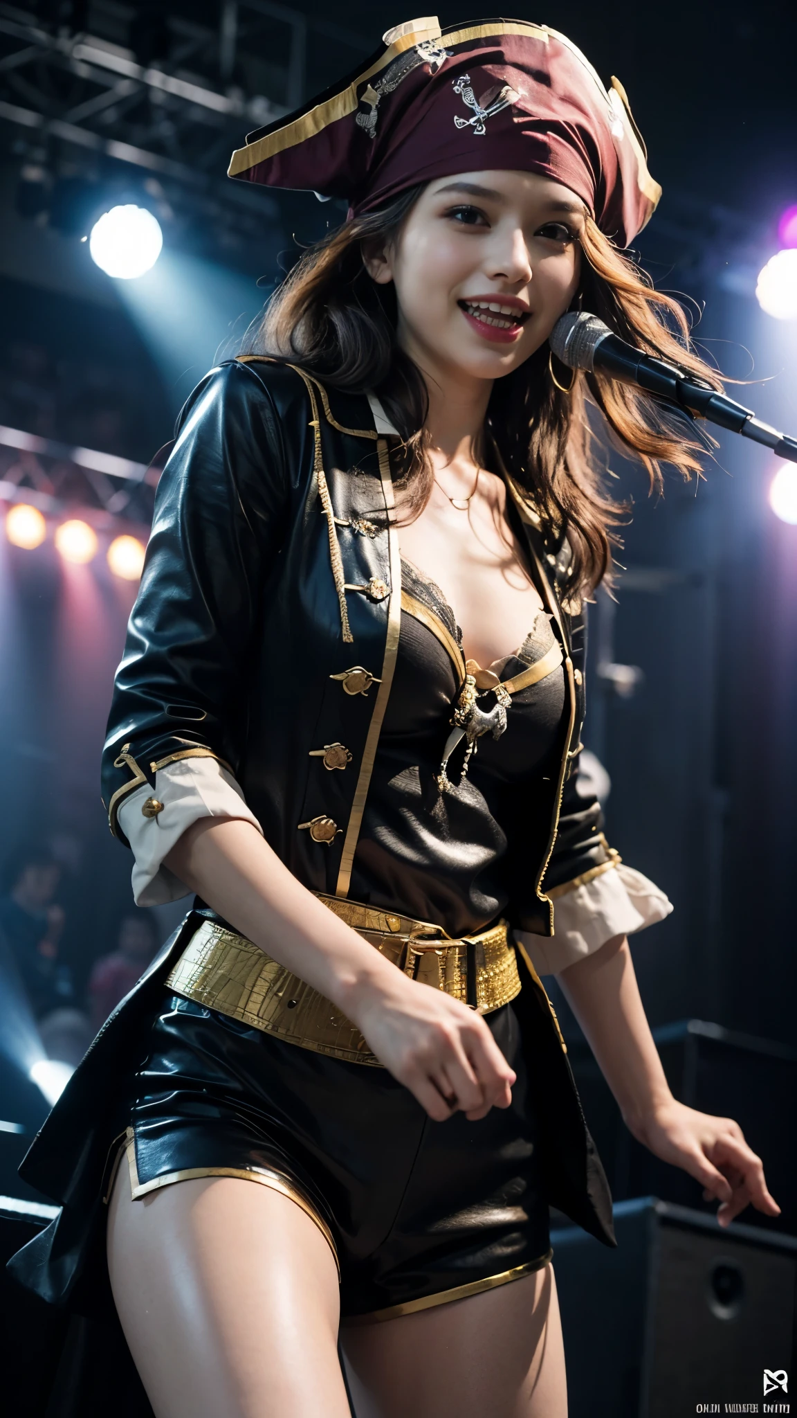 (RAW photo、highest quality)、(realistic、Photoreal:1.3)、highest quality、masterpiece、very delicate and beautiful、A hvery detailed、nffsw、sense of oneness、2k wallpaper、growing up、Beautiful in every detail、masterpiece、light smile、highest quality、Hvery detailed ticker Unity 8K wallpapers、huge file size、Super detailed、High resolution、very detailed、(Pirate costumes:1.4)、Rock Queen、18-year-old、(Dancing wildly on stage during a gorgeous concert set:1.4)、spread your legs wide、Spotlight、professional lighting、look at the camera、(close up of face:1.5)
