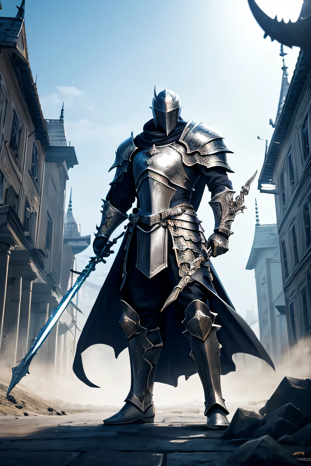 evil knight dual wielding sword and mace standing in front of a building, fallen knight, gothic knight, evil knight, the style of wlop, fantasy knight, knight, dark souls knight, off-white plated armor, wearing heavy armor with cape, black heavy armor with gold trim, smooth anime cg art, vordt of the boreal valley, artorias, glowing sword, glowing mace, two weapons, maul, great mace, hammer