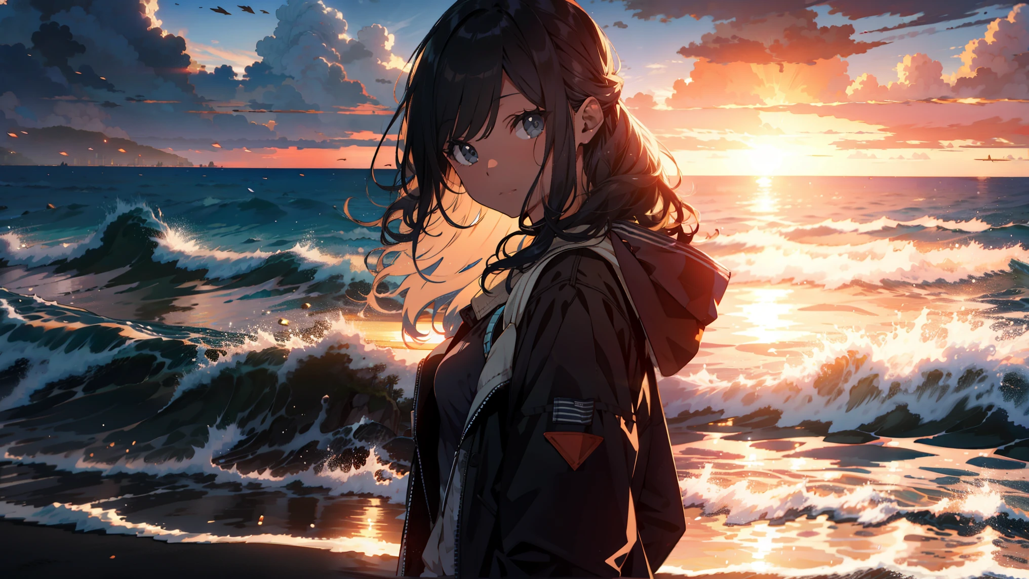 Sunrise, beach waves