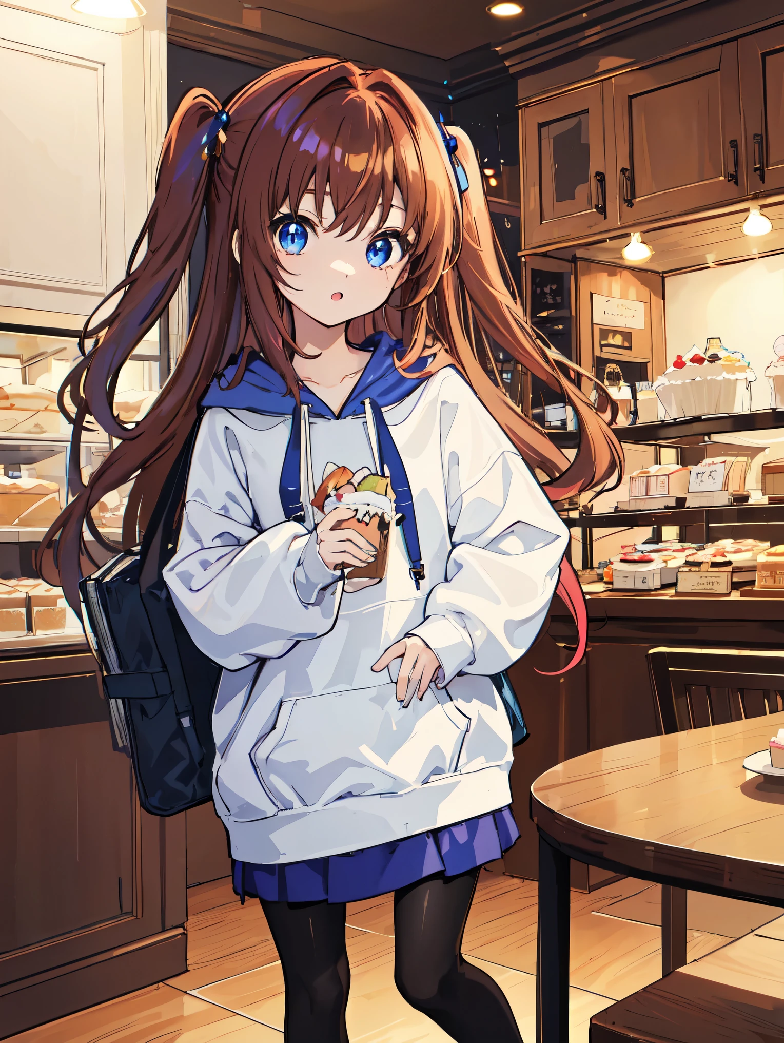 masterpiece、High quality、detailed、cute girl、bright chestnut long hair、two side up hair、blue eyes、blue long hoodie、black pantyhose、loafers、university student、tote bag、、narrow shoulders、Inside the cake shop、Staring with sparkling eyes at the showcase where cakes are displayed.、I'm excited、anime art