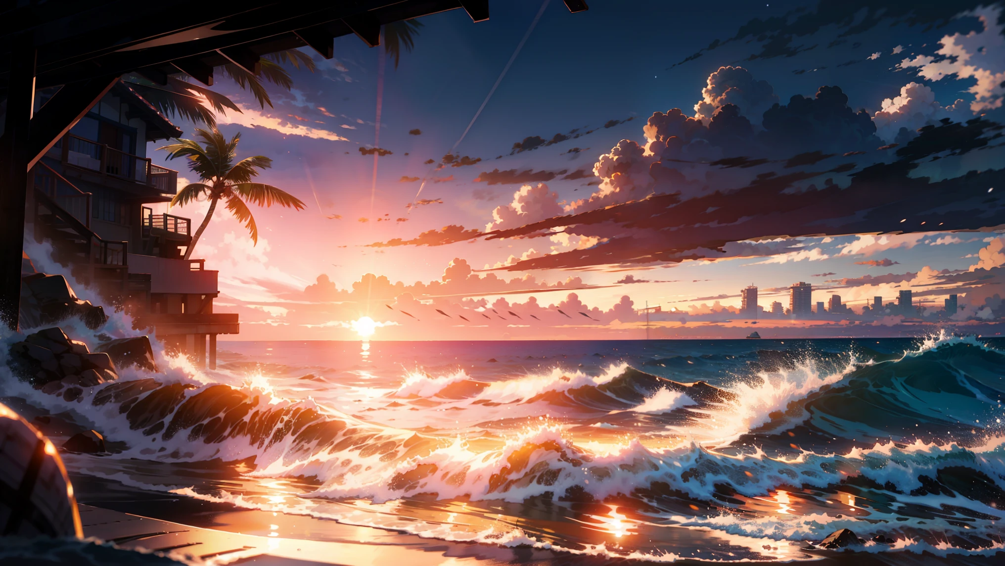 Sunrise, beach waves