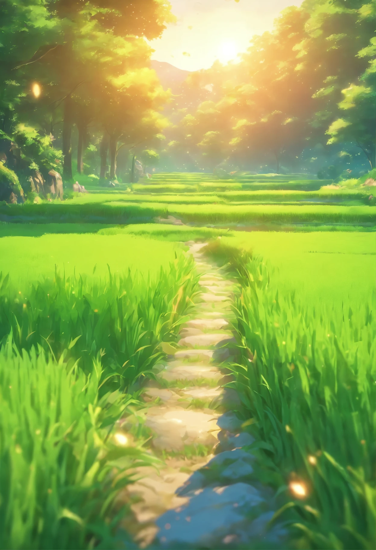 A lush green rice field bathed in sunlight, a serene countryside with a small path meandering through the fields (best quality,4k,8k,highres,masterpiece:1.2),ultra-detailed,(realistic,photorealistic,photo-realistic:1.37),HDR,UHD,studio lighting,extreme detail description,professional,landscape,vivid colors,sharp focus,physically-based rendering,bokeh