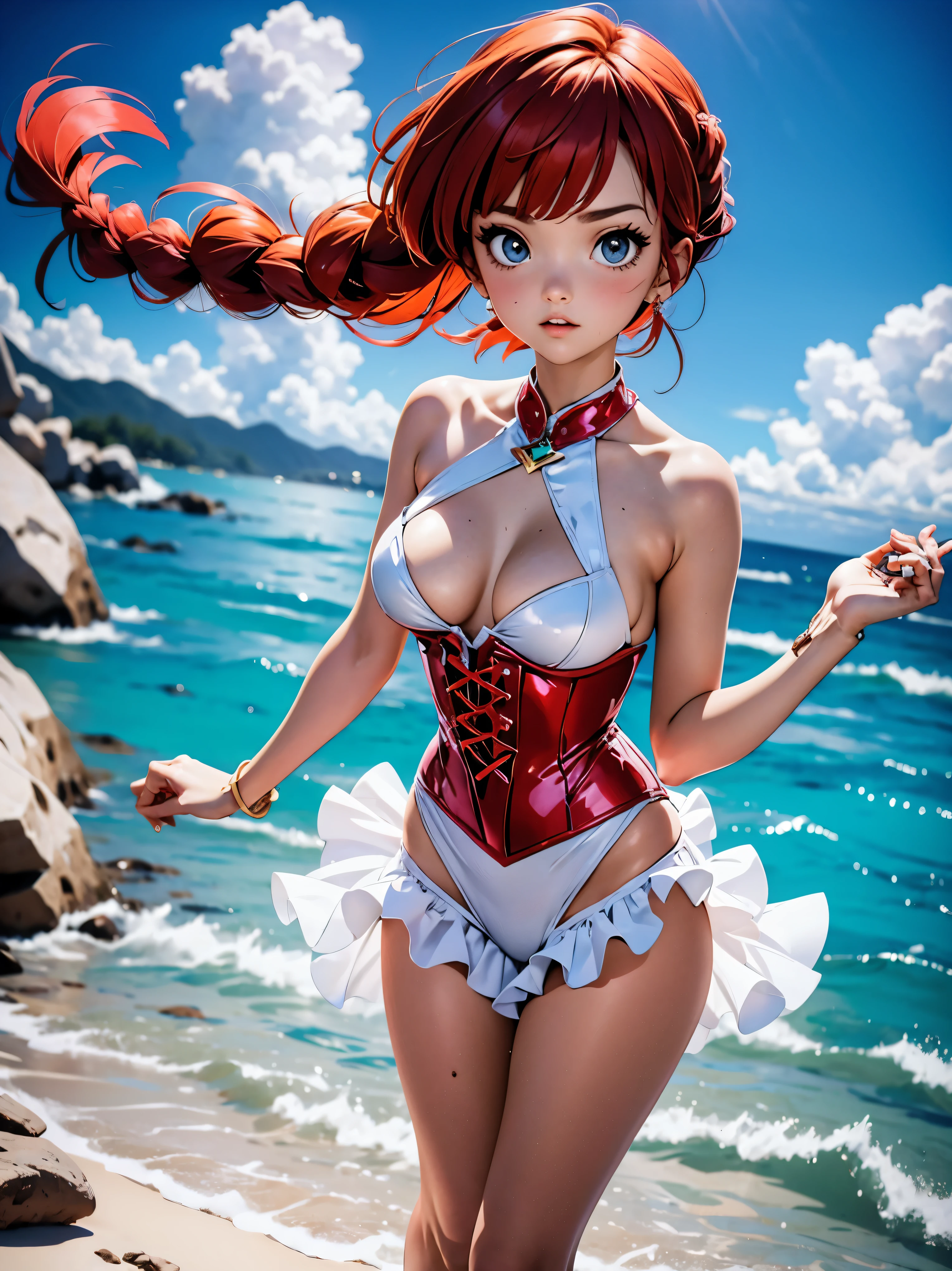 Garota Ruiva de anime em vestido lonho e corset pink, saia, , corpo bonito, seios grandes, com as hands on chest, hands on chest, Garota sexy, red hair with braid, mechas de cabelo laterais, mechas de cabelo na lateral do rosto, beautiful lighting, sombras suaves, olhos azuis, pernas bonitas, hair with braid, estilo anime, Ranma Chan, Autora Rumiko Takahashi, Baseado em obra de Rumiko Takahashi, Anime Ranma 1/ 2, decote sexy, quadril robusto, corpo inteiro, corpo inteiro, busto grande, garota jovem com corpo belo e bonito, sandals on his feet, garota 16 anosbaixa estatura, vestindo vestido e corset pink, garota anime, estilo anime, beautiful feet in sandals, 45° viewing angle, ao ar livre, red hair braid, grande , peito grande