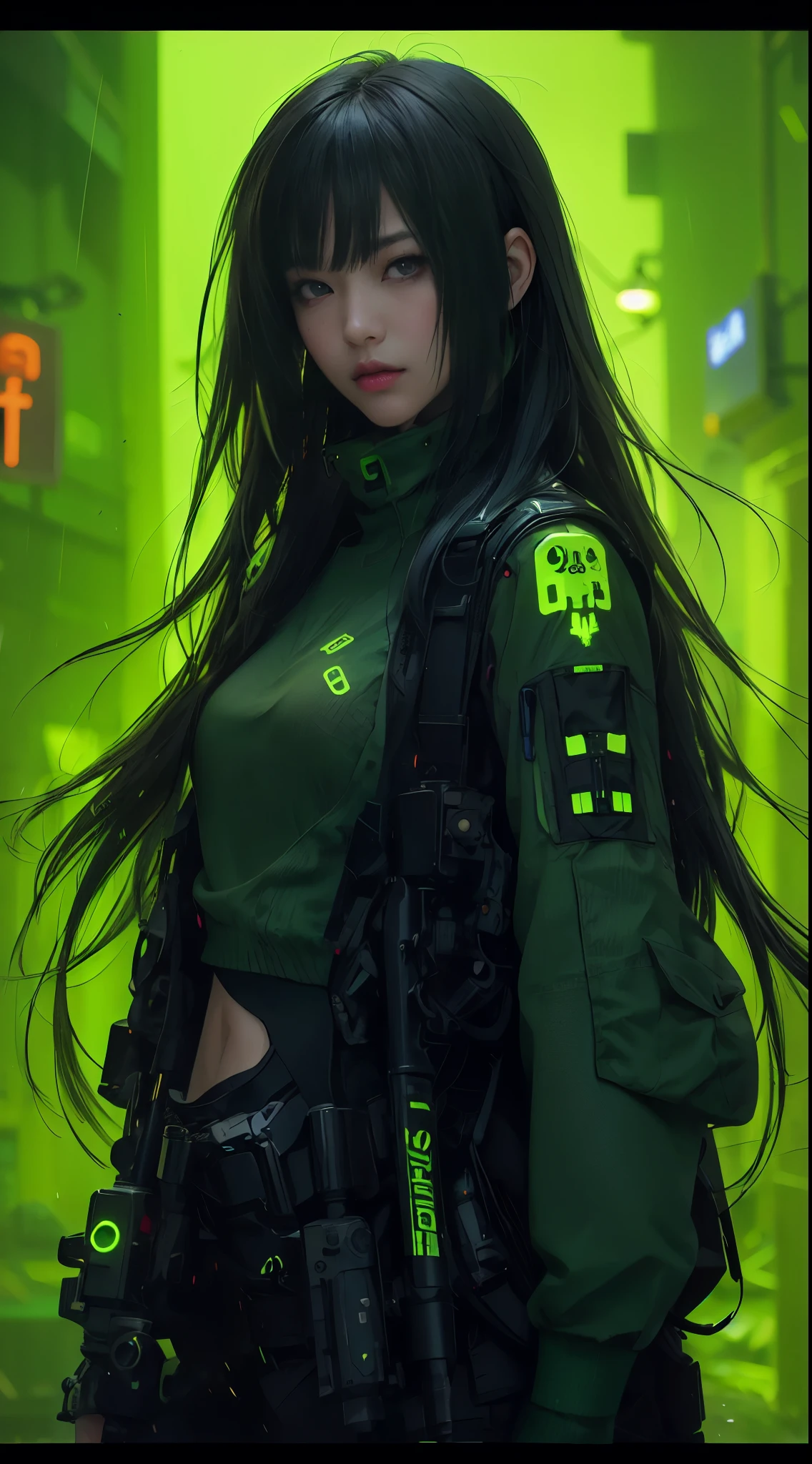 a girl with long hime hair cut, shot gun, sitting on the roof, (Neon lime green) Total AI augmentation android, creepy aesthetic, binary symbols background, futuristic, Ghost In The Shell, Major Mokoto Kusanagi, photorealistic, 35mm film, Canon 5D Mark III, fullbody shot, (masterpiece, high res, high quality, best quality)
